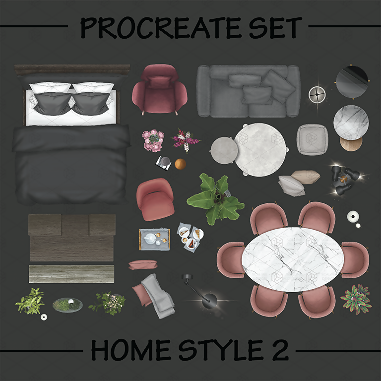 Procreate Illustration & PNG Home Style 2 Furniture Top View PNG - Toffu Co