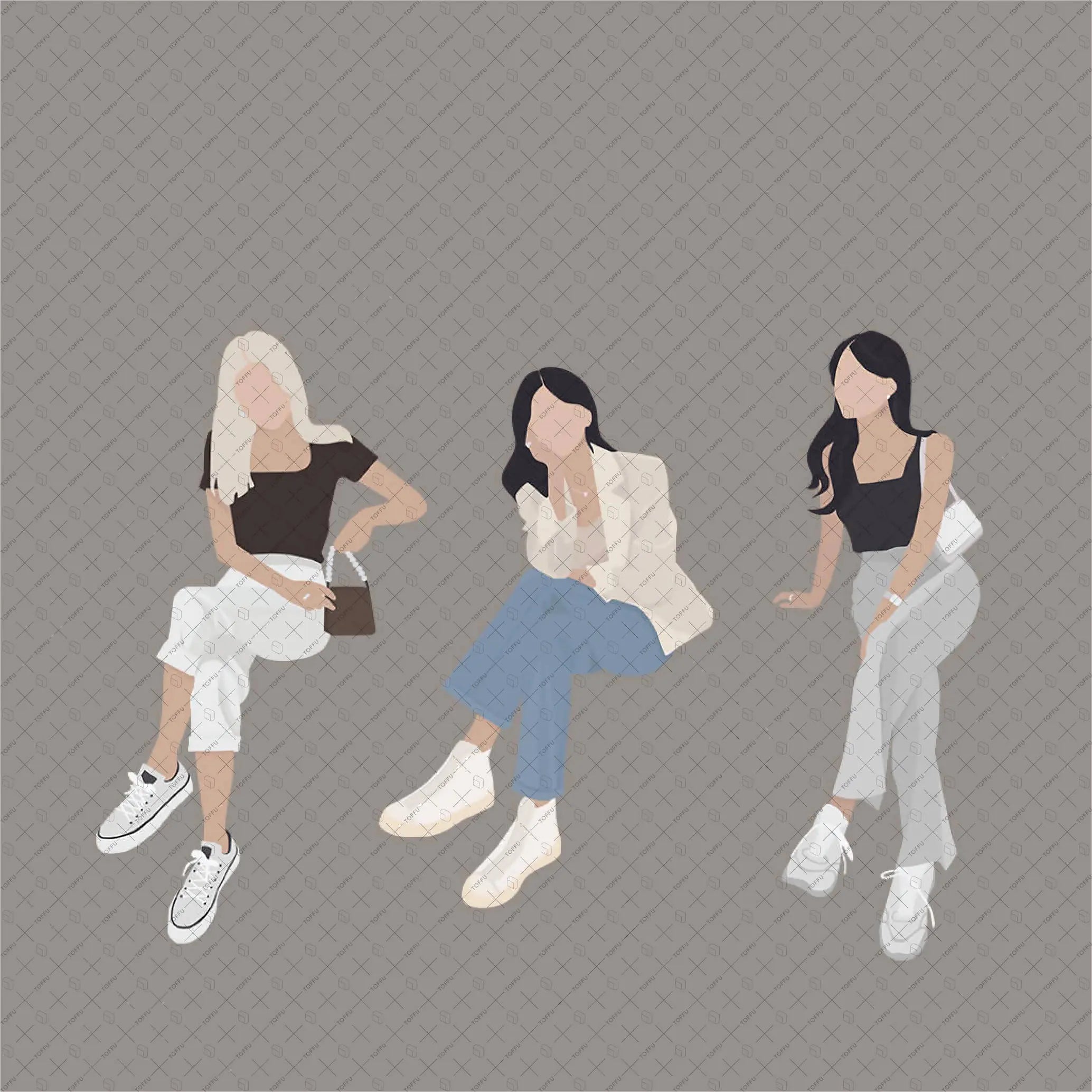 Flat Vector Sitting Girls Pack Digital Artwork drawings | Toffu Co
