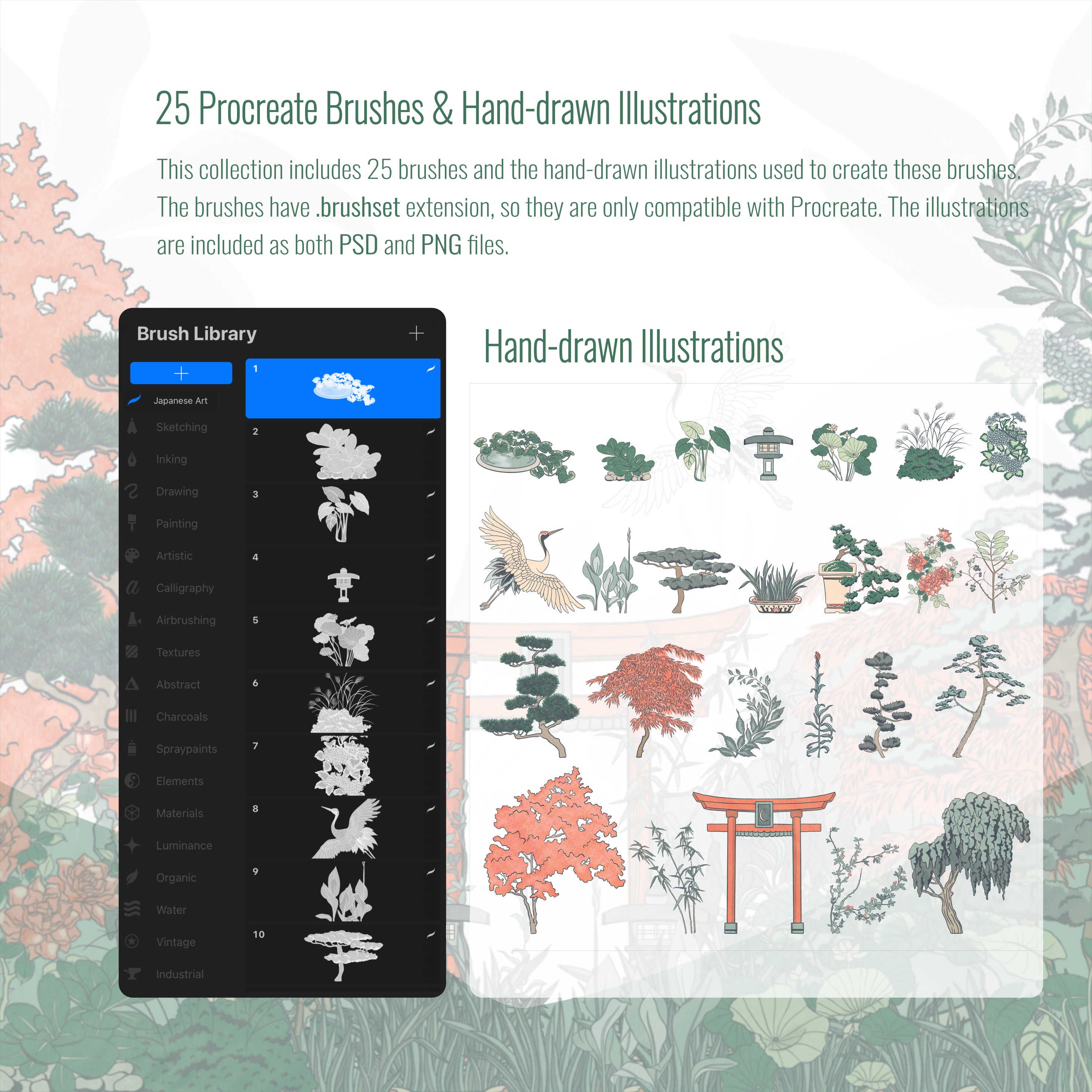Procreate Japanese Art Vegetation Brushset & Illustrations PNG - Toffu Co