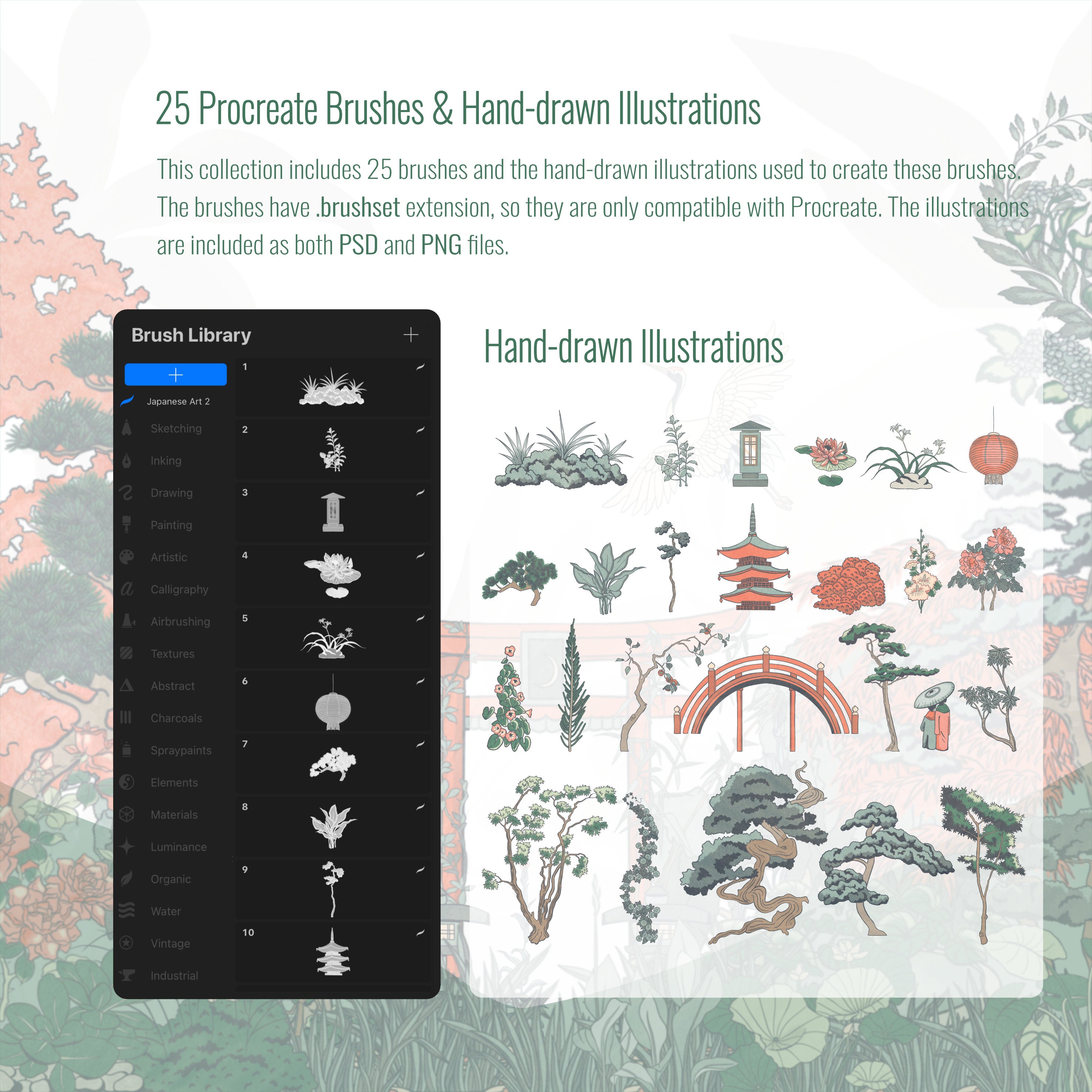 Procreate Japanese Art Vegetation Brushset & Illustrations 2 PNG - Toffu Co