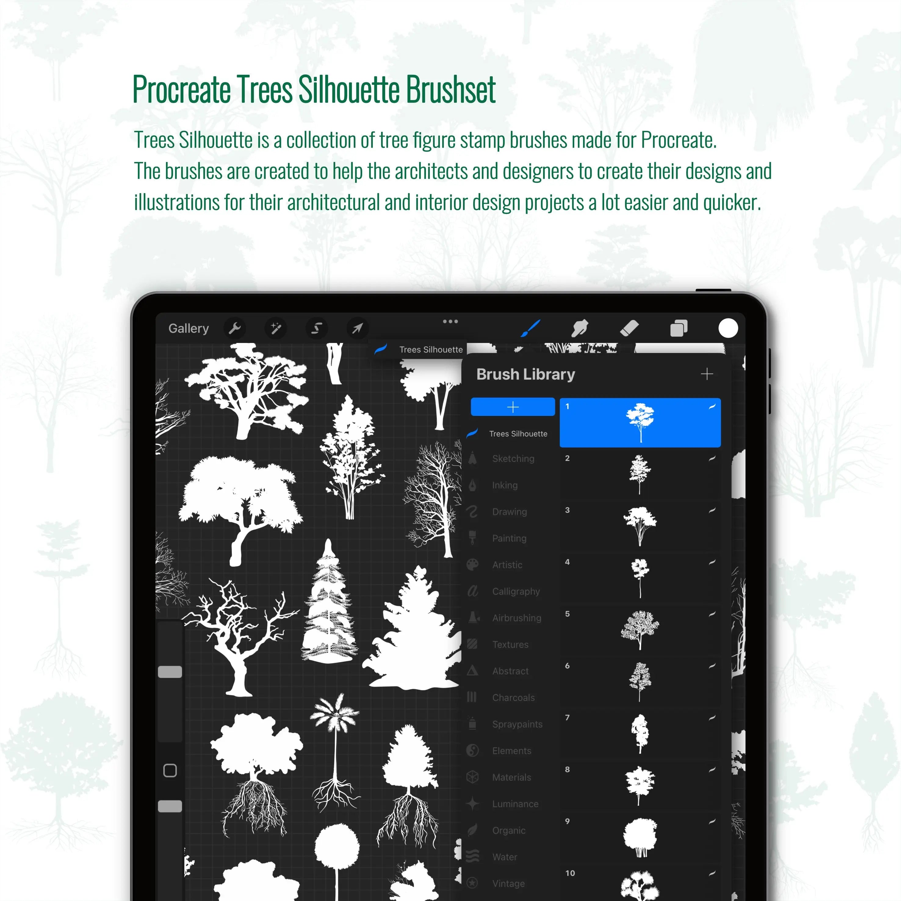 Procreate Silhouette Trees Brushset Digital Artwork drawings | Toffu Co