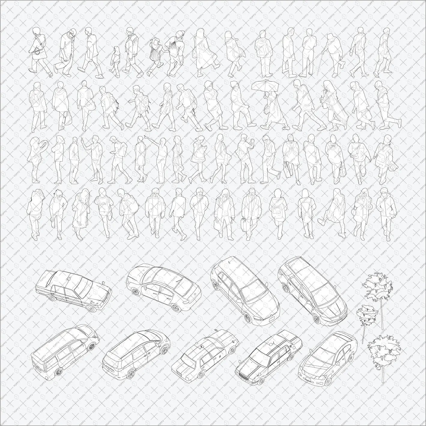 Flat Vector - Cad Human Figures and Cars (72 Figures) Digital Artwork drawings | Toffu Co