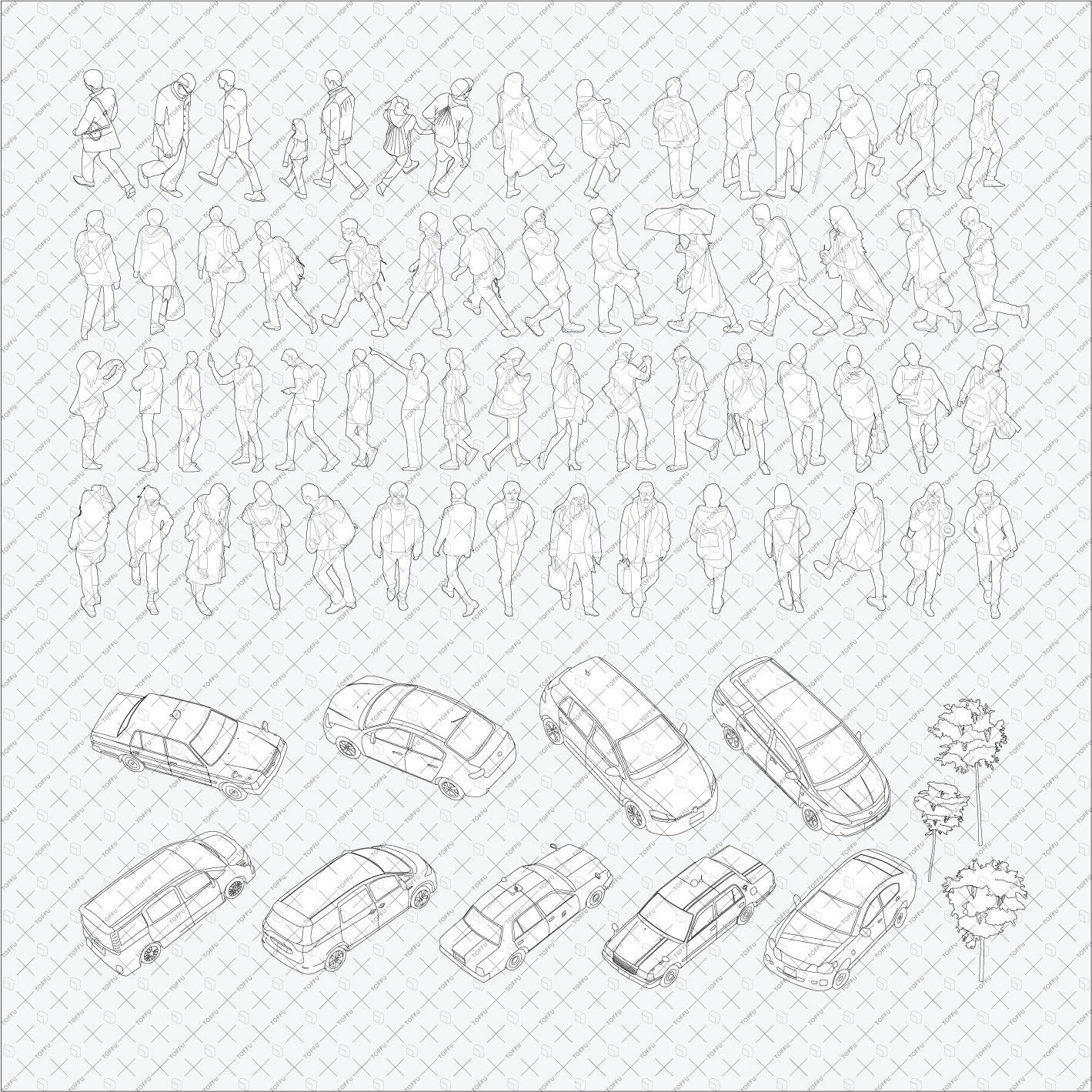 Flat Vector - Cad Human Figures and Cars (85 Figures) PNG - Toffu Co