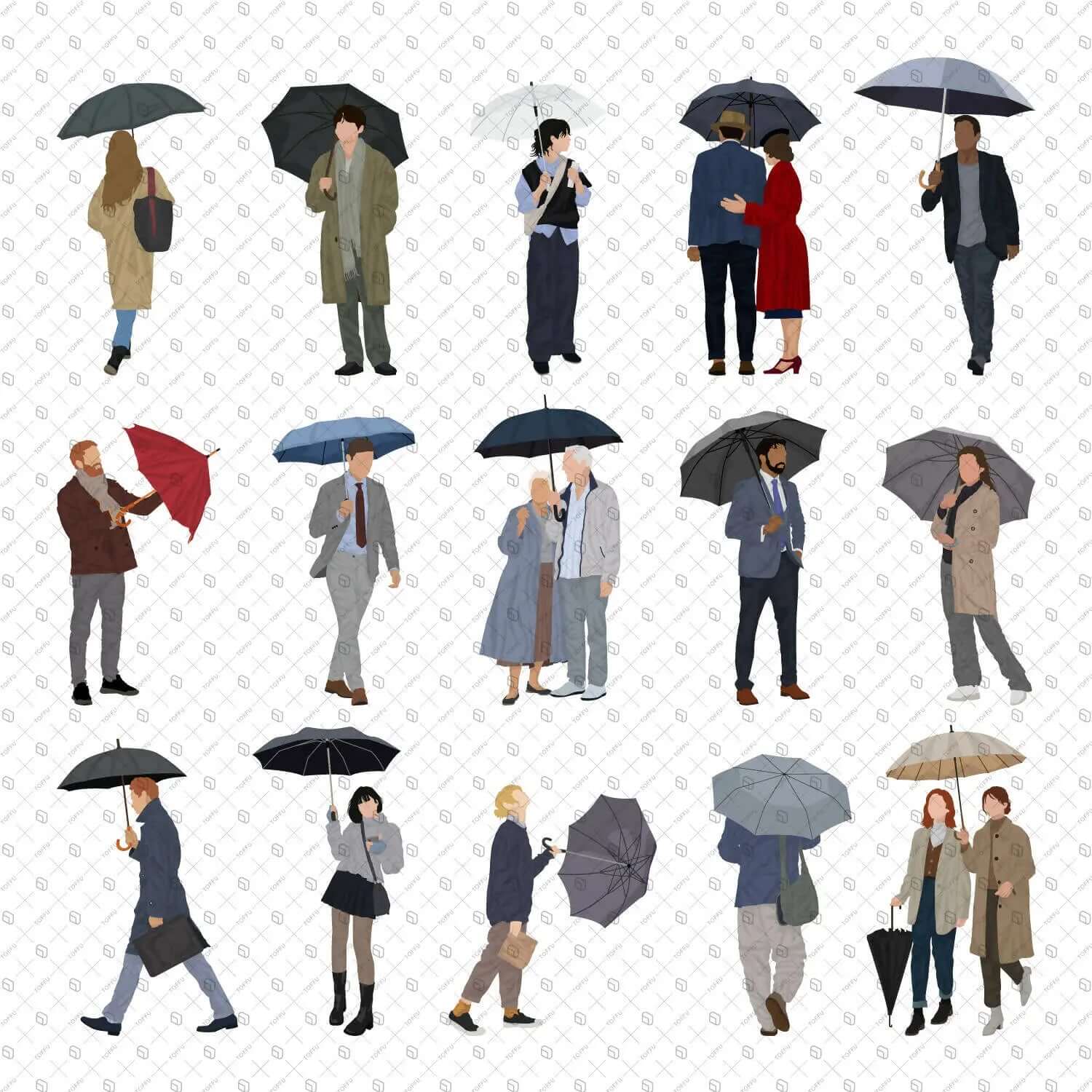 Flat Vector People With Umbrellas Digital Artwork drawings | Toffu Co