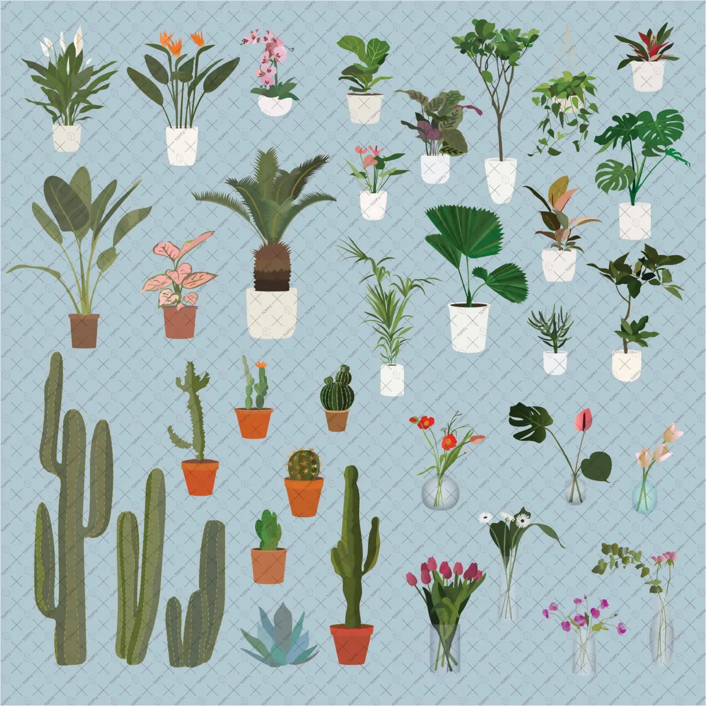 Flat Vector Plants Mega Pack (35 Plants) Digital Artwork drawings | Toffu Co