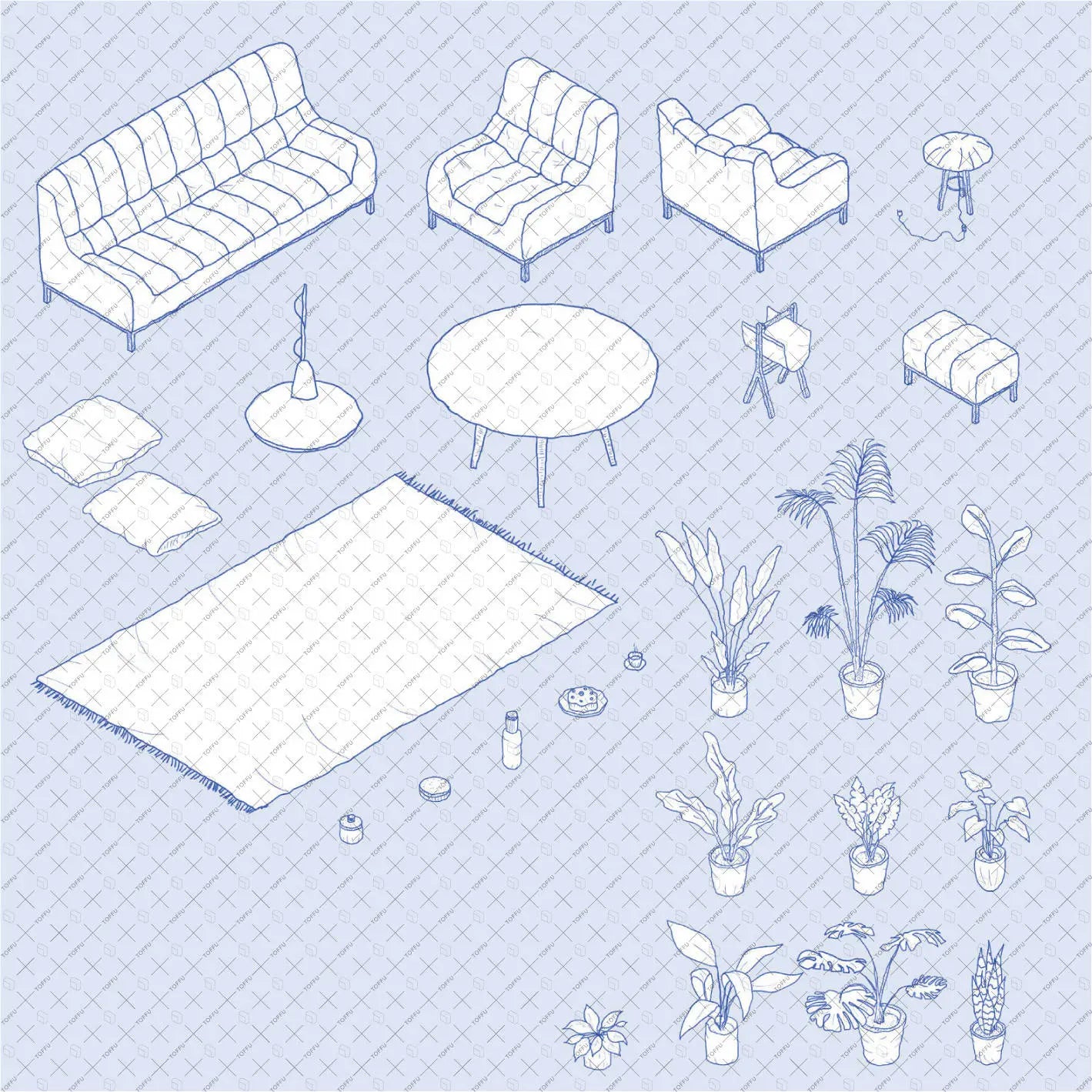 Illustration Hand-Drawn Style,Isometric Living Room Digital Artwork drawings | Toffu Co