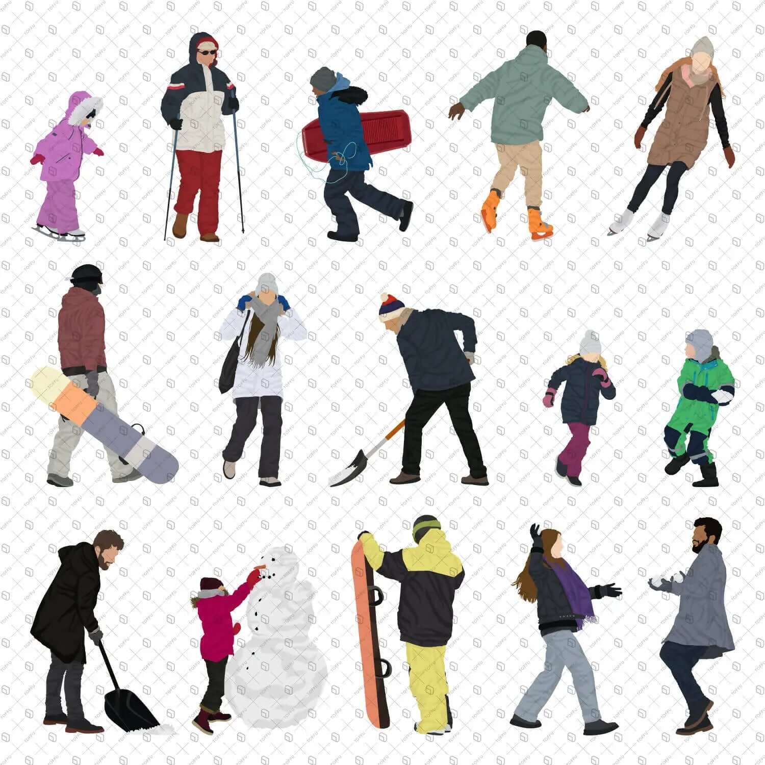 Flat Vector Winter Activities People Digital Artwork drawings | Toffu Co