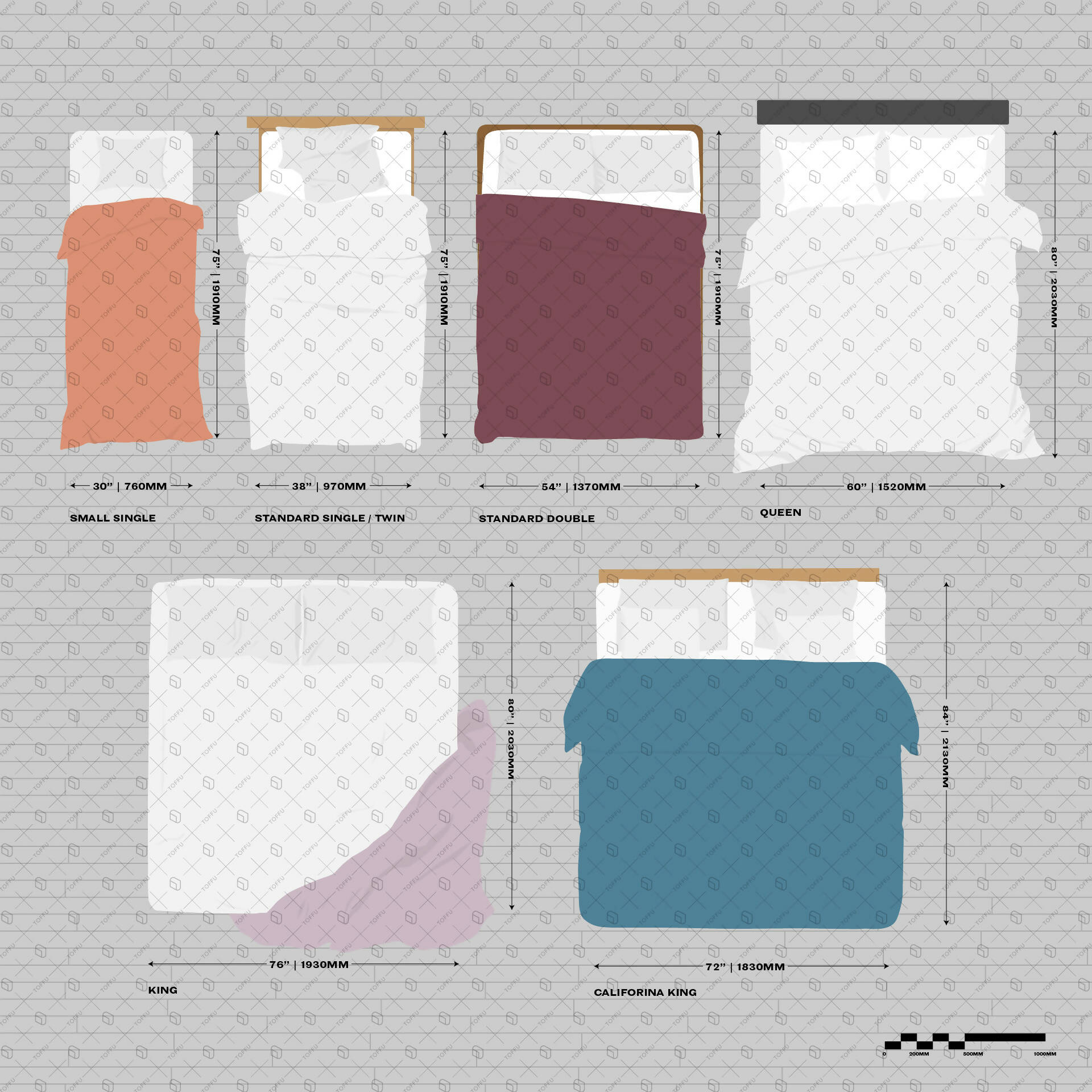 Flat Vector Mattress Sizes PNG - Toffu Co