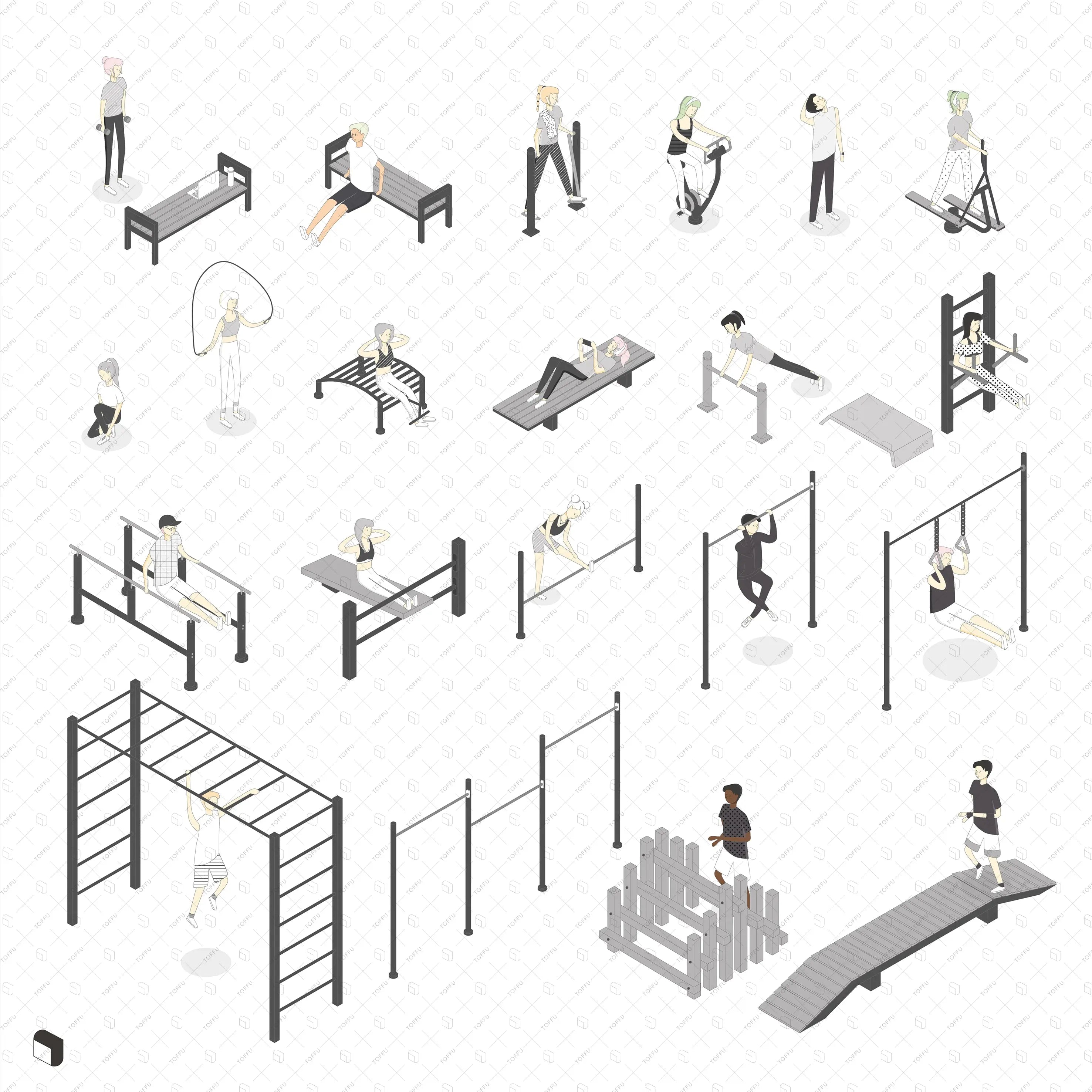 Axonometric Outdoor Activities Digital Artwork drawings | Toffu Co