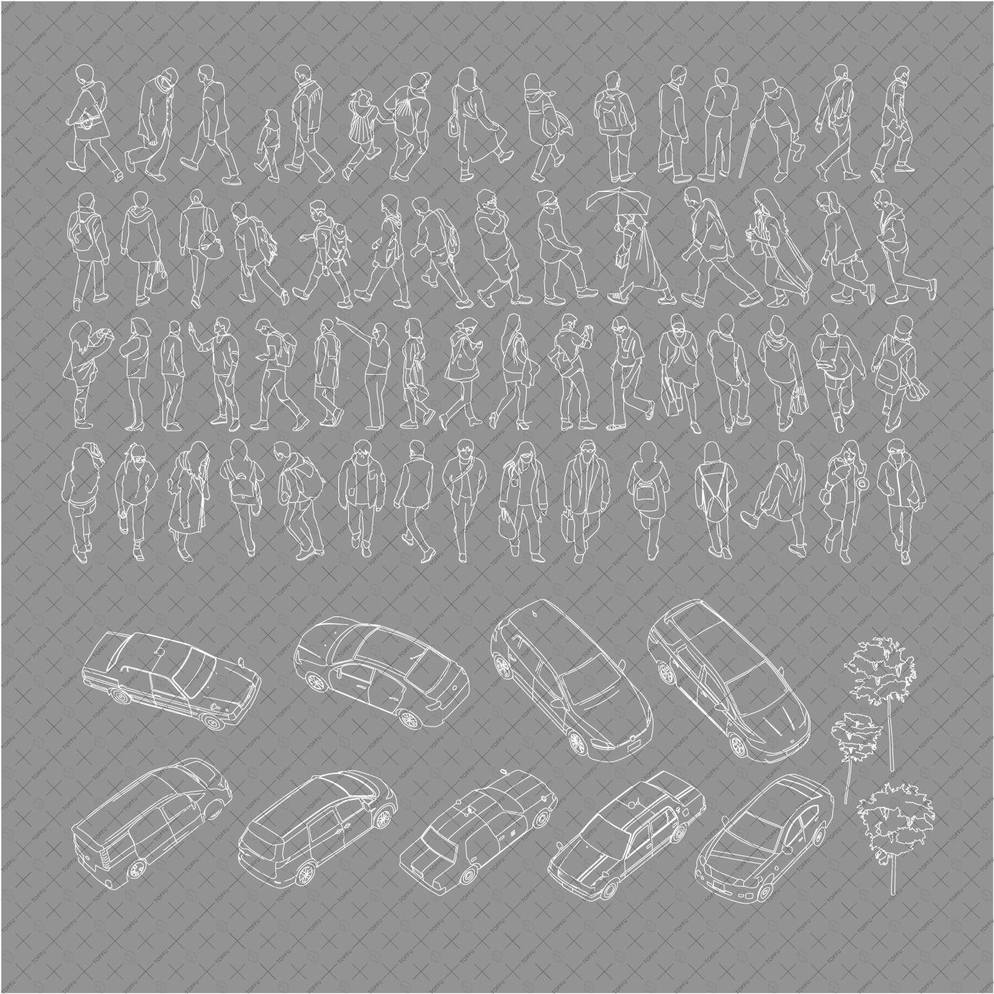 Flat Vector - Cad Human Figures and Cars (85 Figures) PNG - Toffu Co