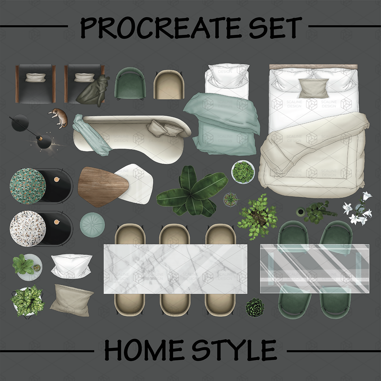 Procreate Illustration & PNG Home Style 1 Furniture Top View PNG - Toffu Co