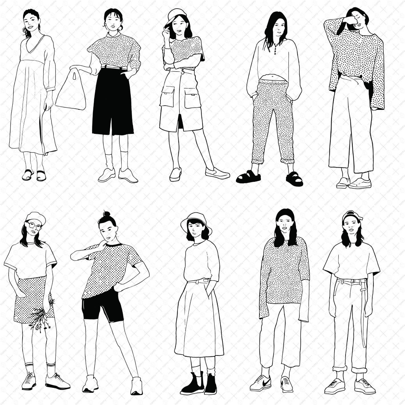 Flat Vector B&W Girls II PNG - Toffu Co