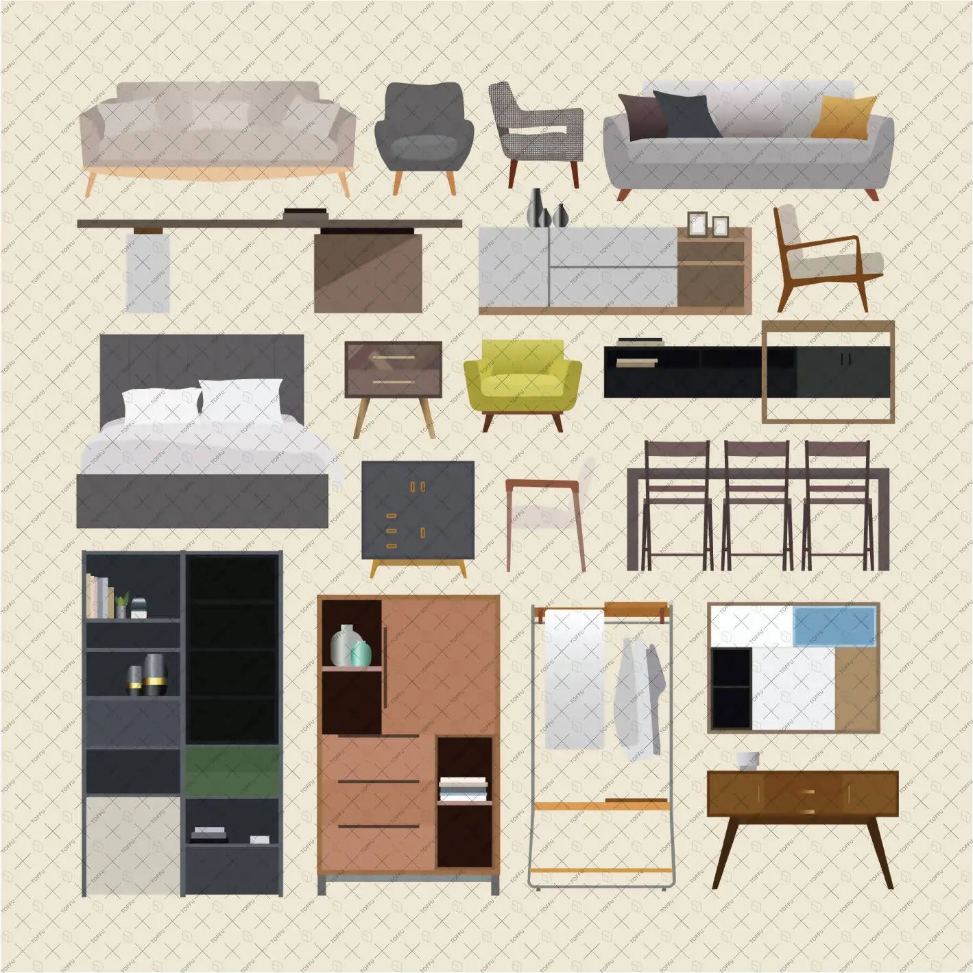 Flat Vector Interior Furniture Front & Side View Digital Artwork drawings | Toffu Co