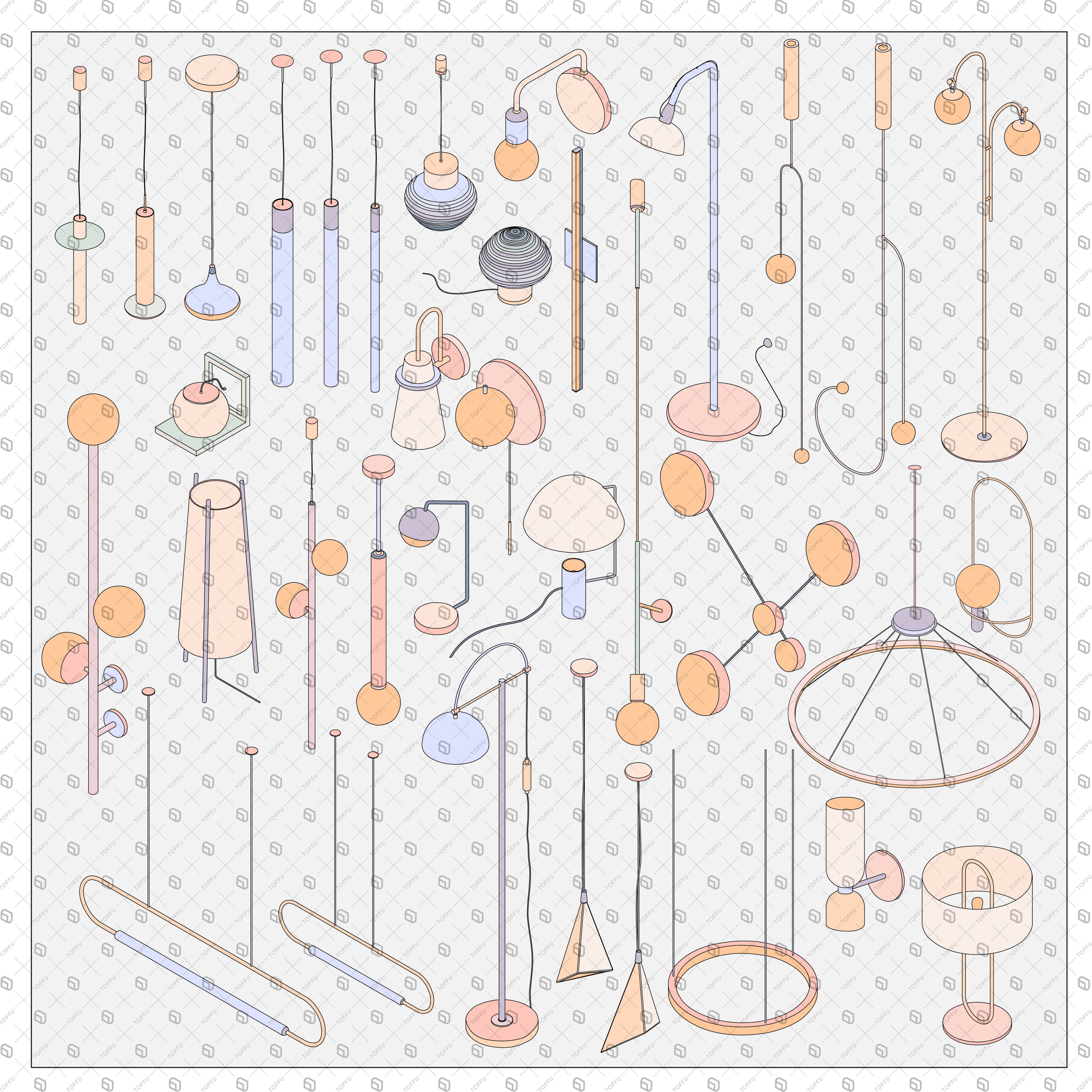 Isometric lamps (Vectors and outlines) 35 figures PNG - Toffu Co