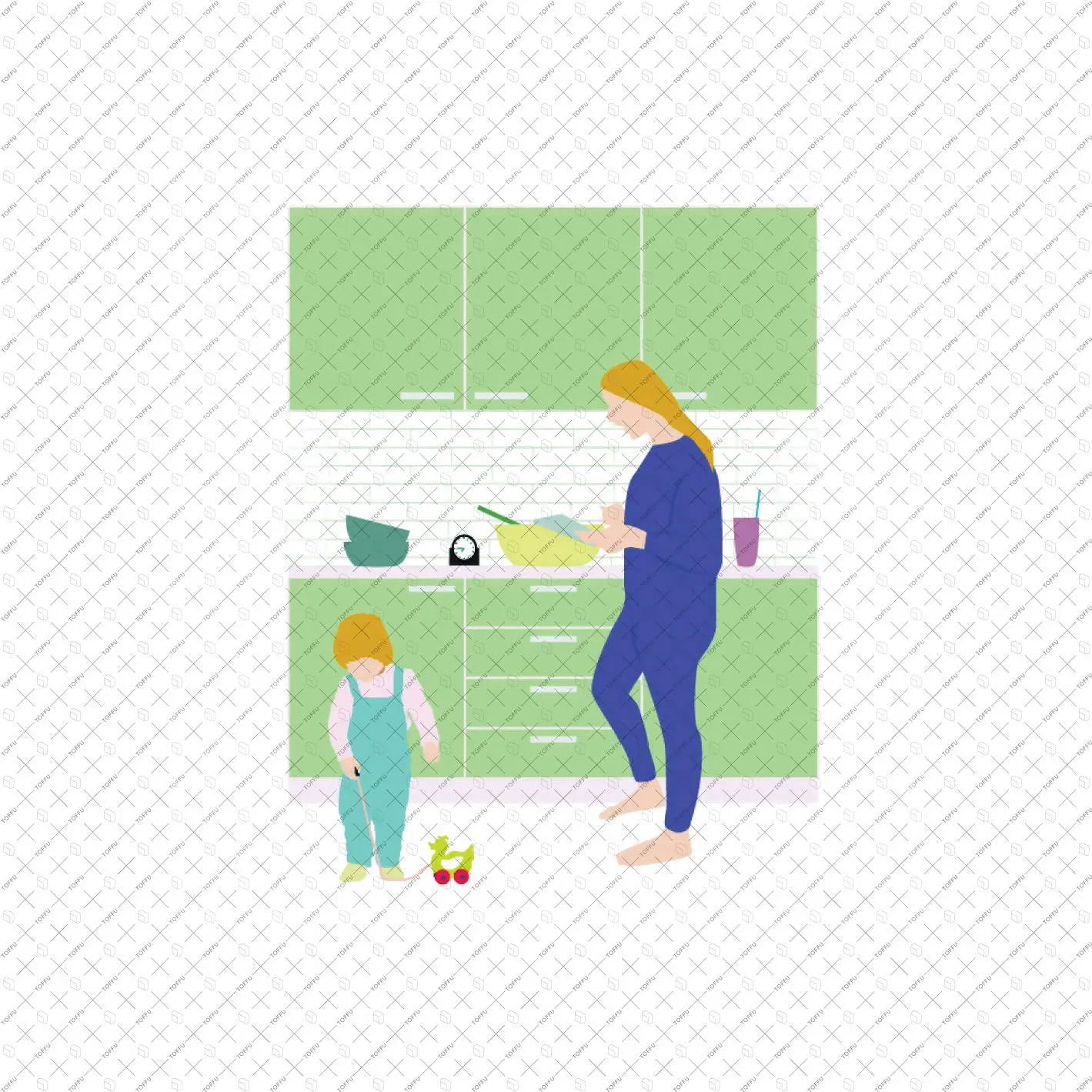 Flat Vector Kids, Family Cooking In Kitchen Digital Artwork drawings | Toffu Co