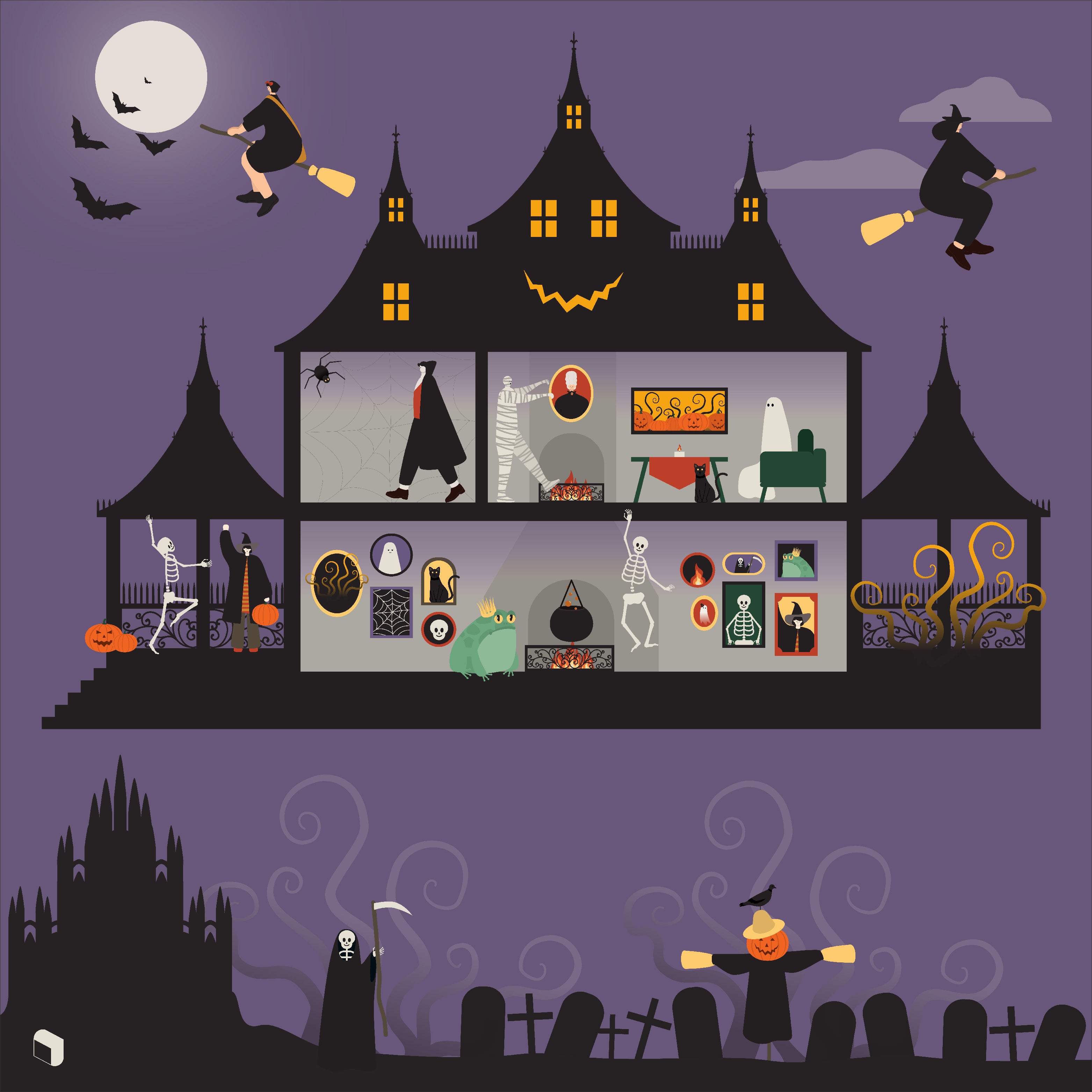 Flat Vector Web Design Spooky House Characters PNG - Toffu Co