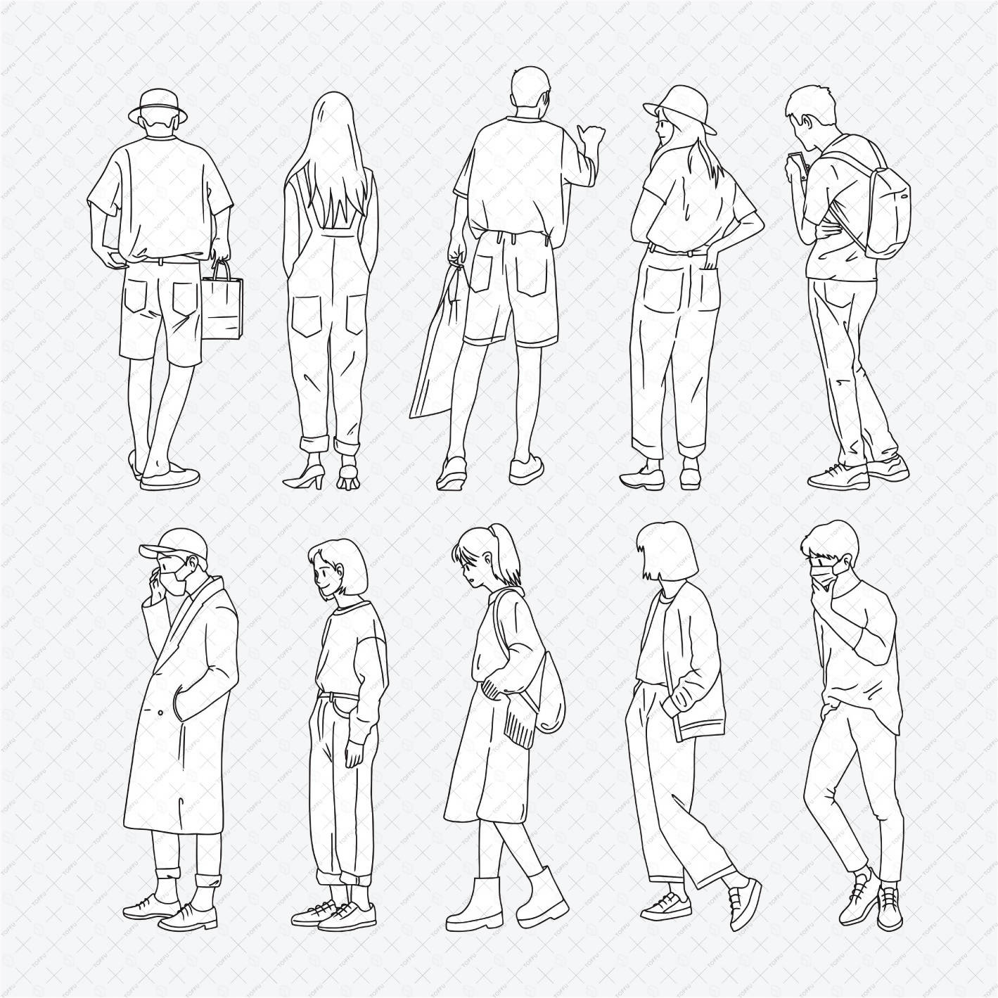 Flat Vector B&W Back / Side People PNG - Toffu Co