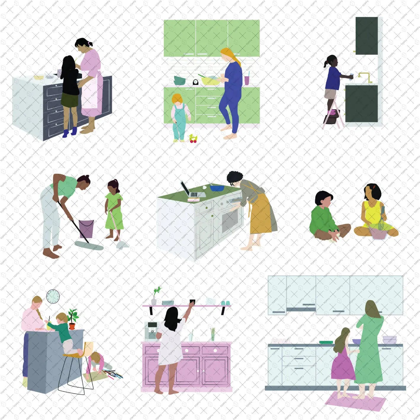 Flat Vector Kids, Family Cooking In Kitchen Digital Artwork drawings | Toffu Co