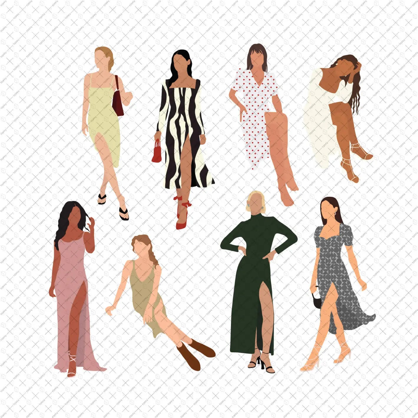 Flat Vector Women in Slit Dresses Digital Artwork drawings | Toffu Co