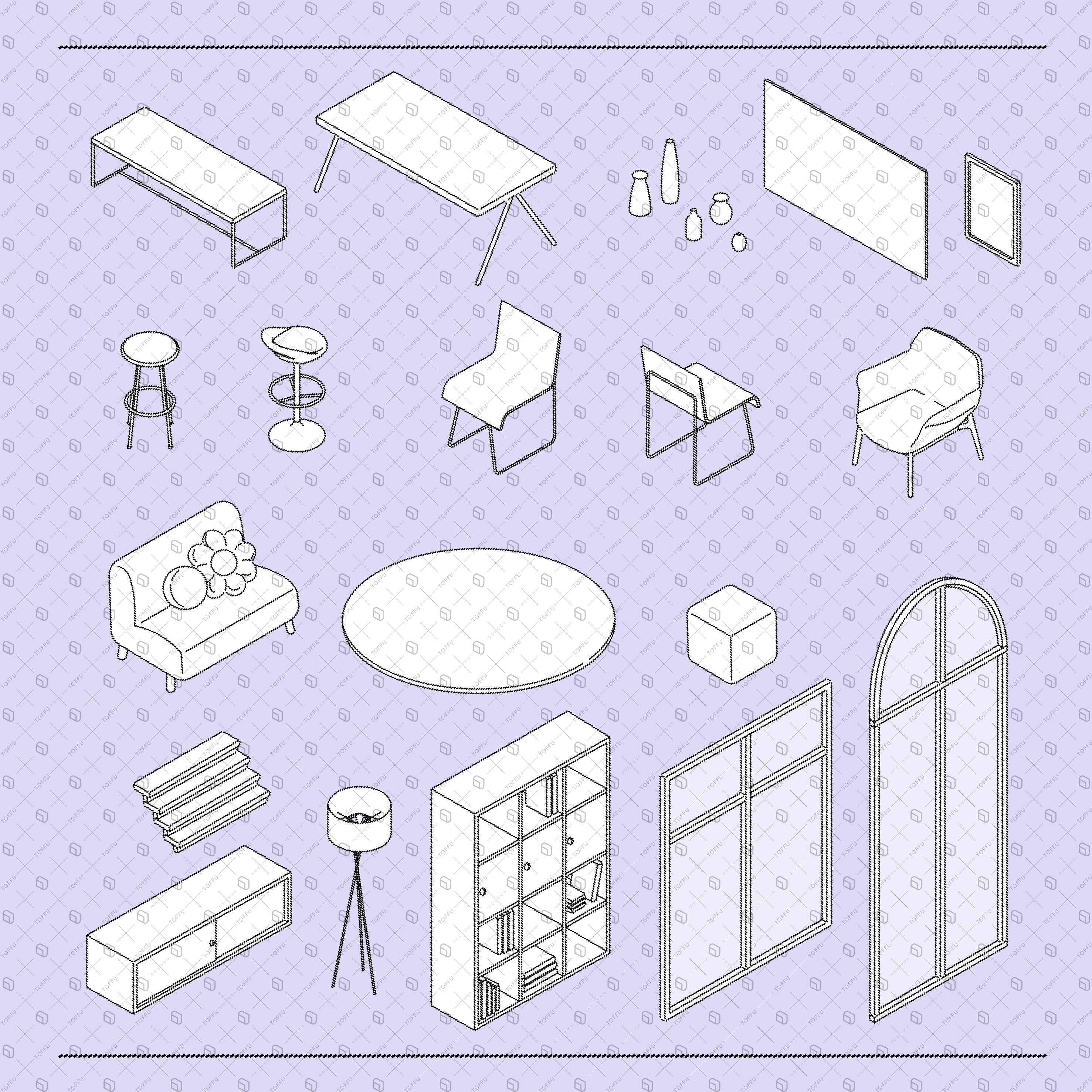 Axonometric Pixel Living Room Furniture PNG - Toffu Co