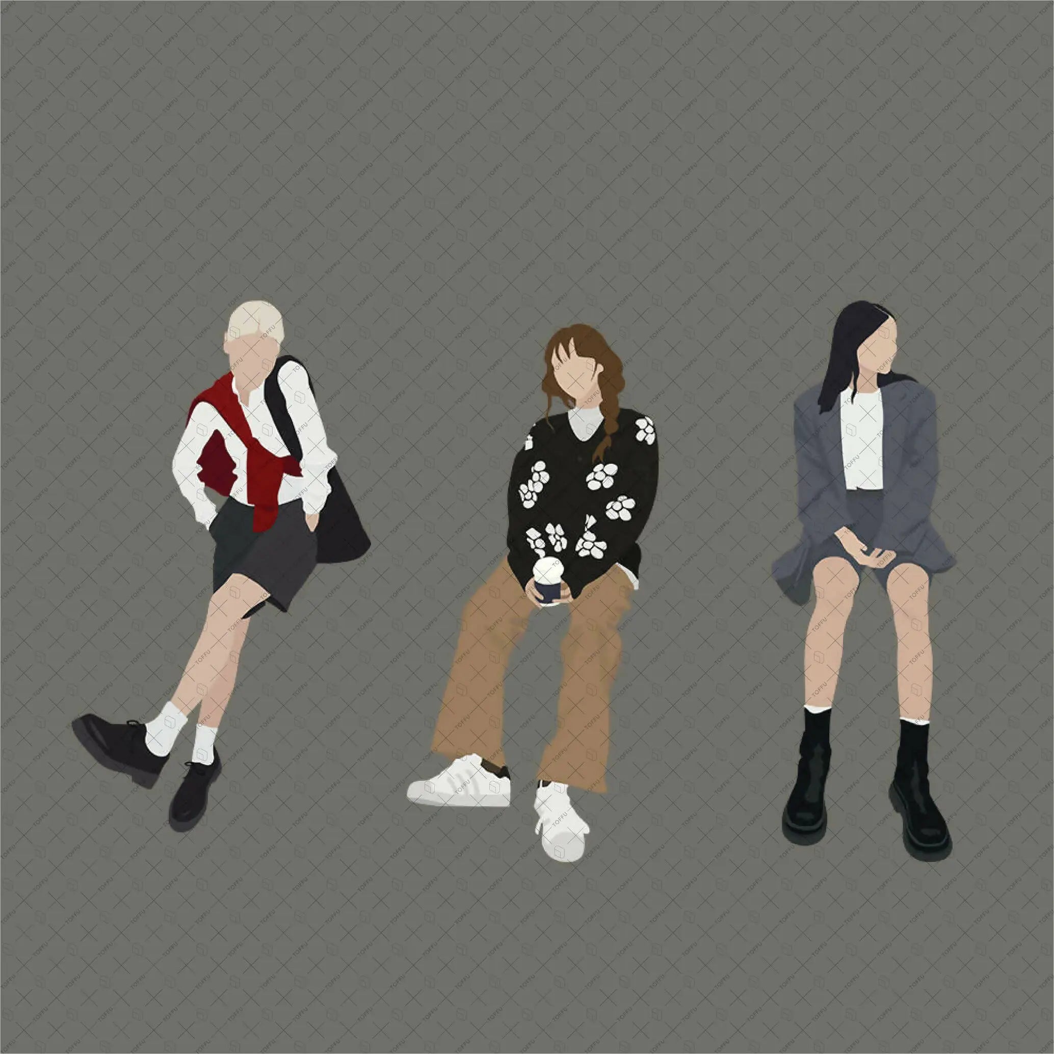 Flat Vector Sitting Girls Pack II Digital Artwork drawings | Toffu Co