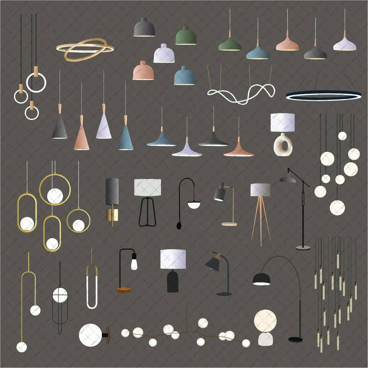 Flat Vector Enlightenment Objects, Lamps and Chandeliers Digital Artwork drawings | Toffu Co