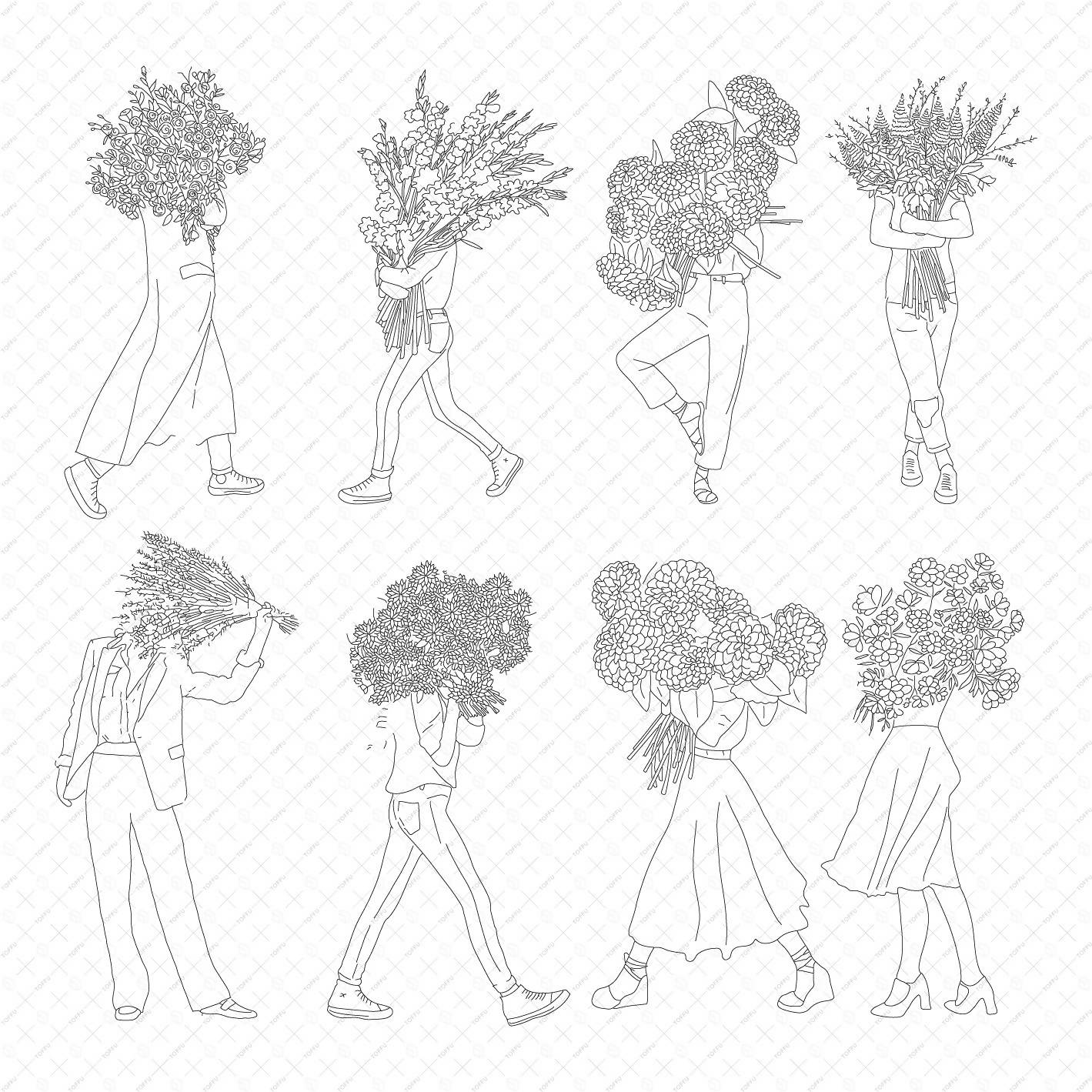 Flat Vector Girls With Flowers PNG - Toffu Co