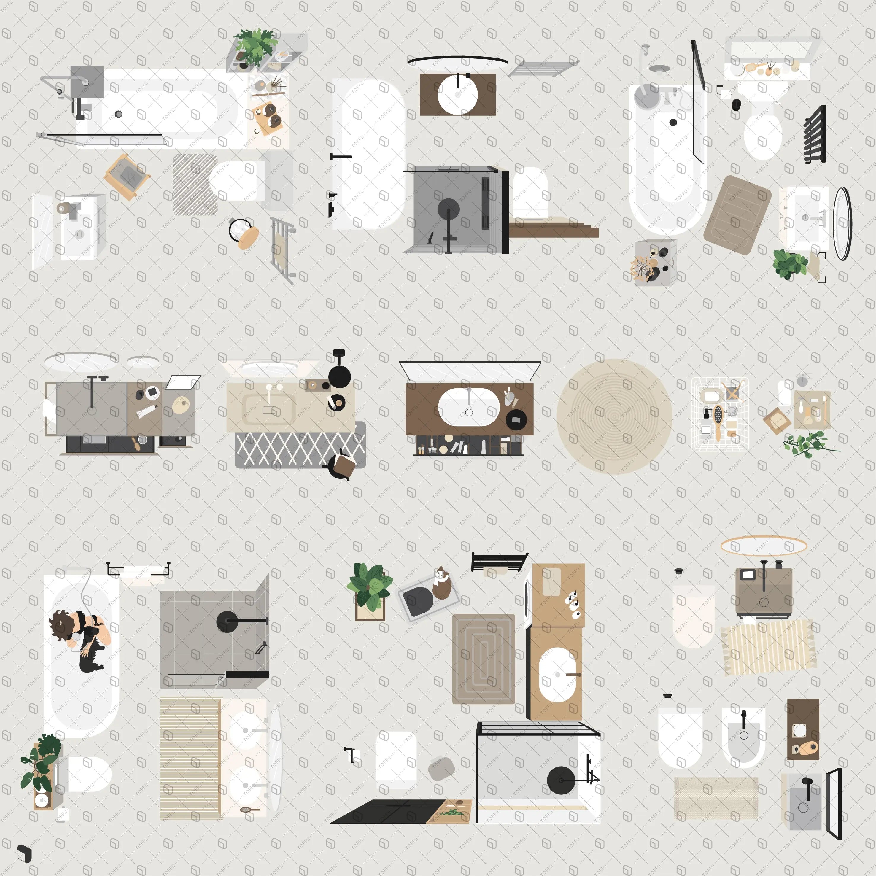 Flat Vector Bathroom Furniture Top View Digital Artwork drawings | Toffu Co
