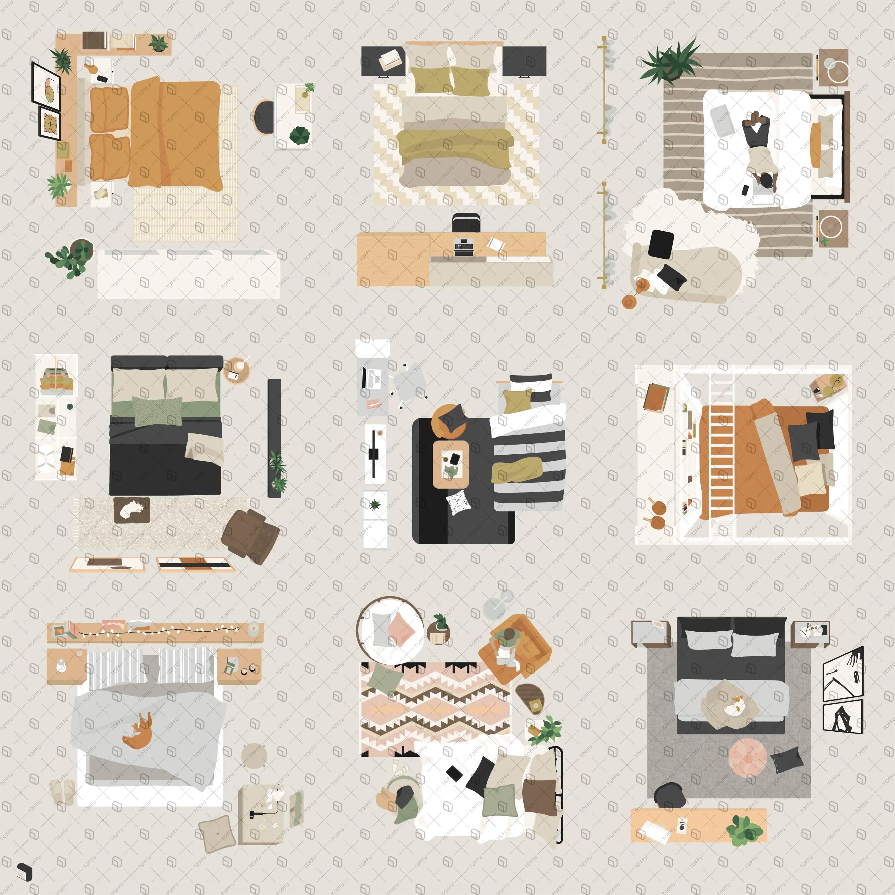 Flat Vector Bedroom Furniture Top View Digital Artwork drawings | Toffu Co