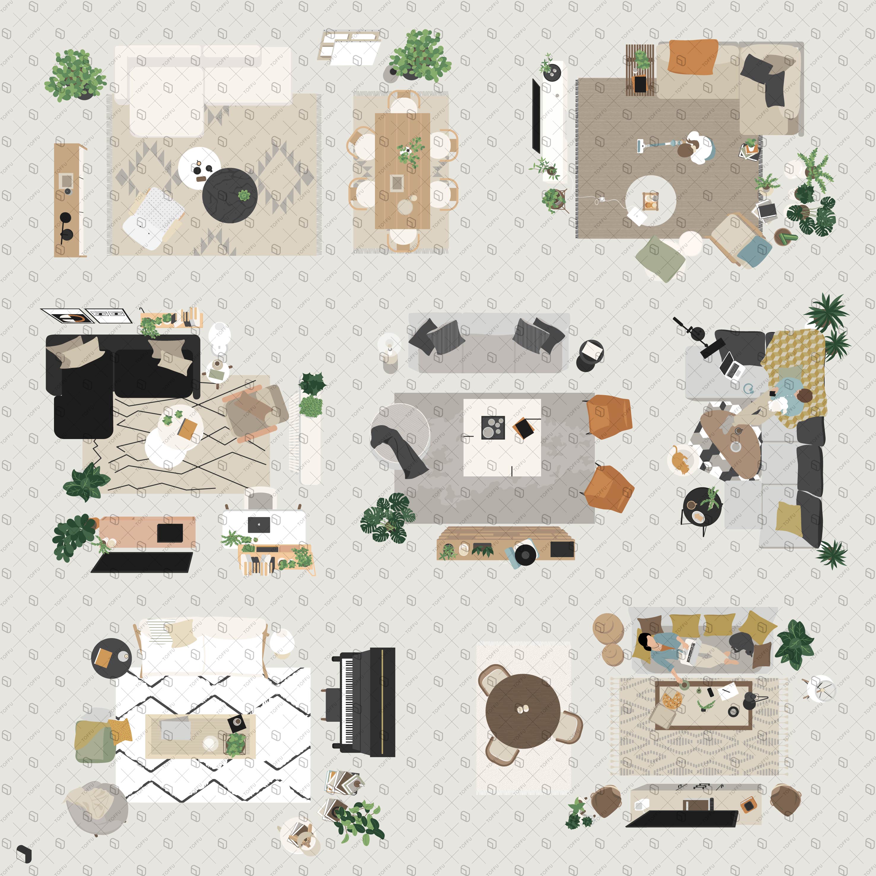Flat Vector Living Room Furniture Top View PNG - Toffu Co