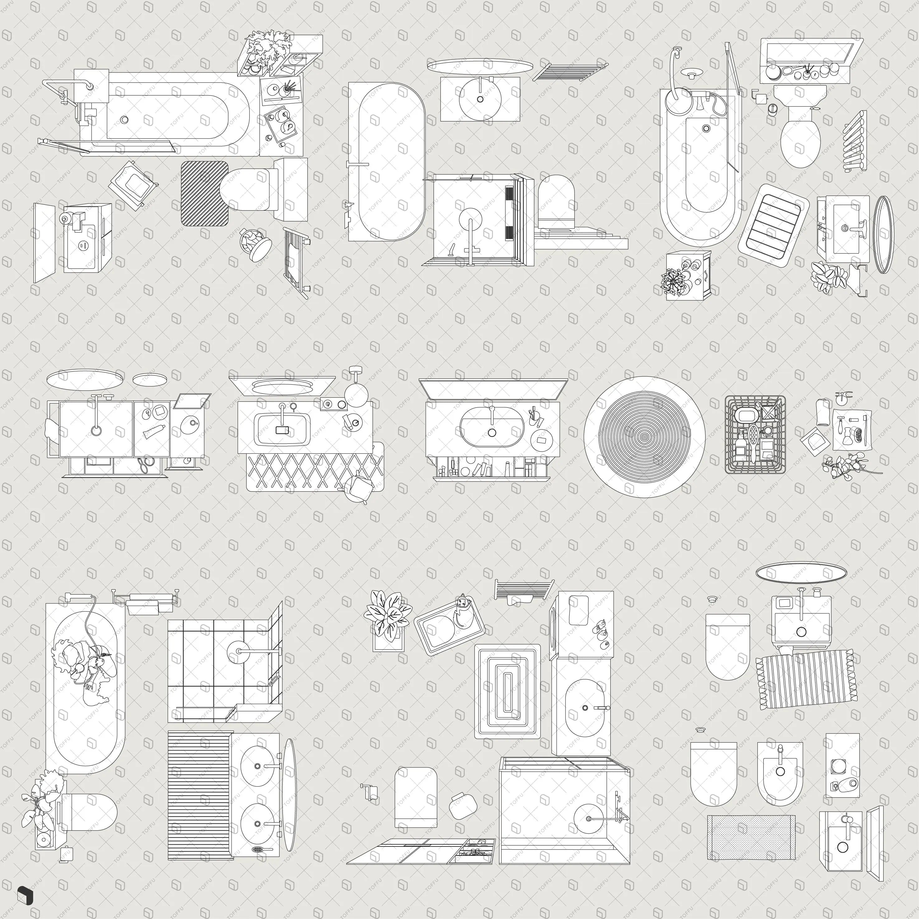 Flat Vector Bathroom Furniture Top View Digital Artwork drawings | Toffu Co