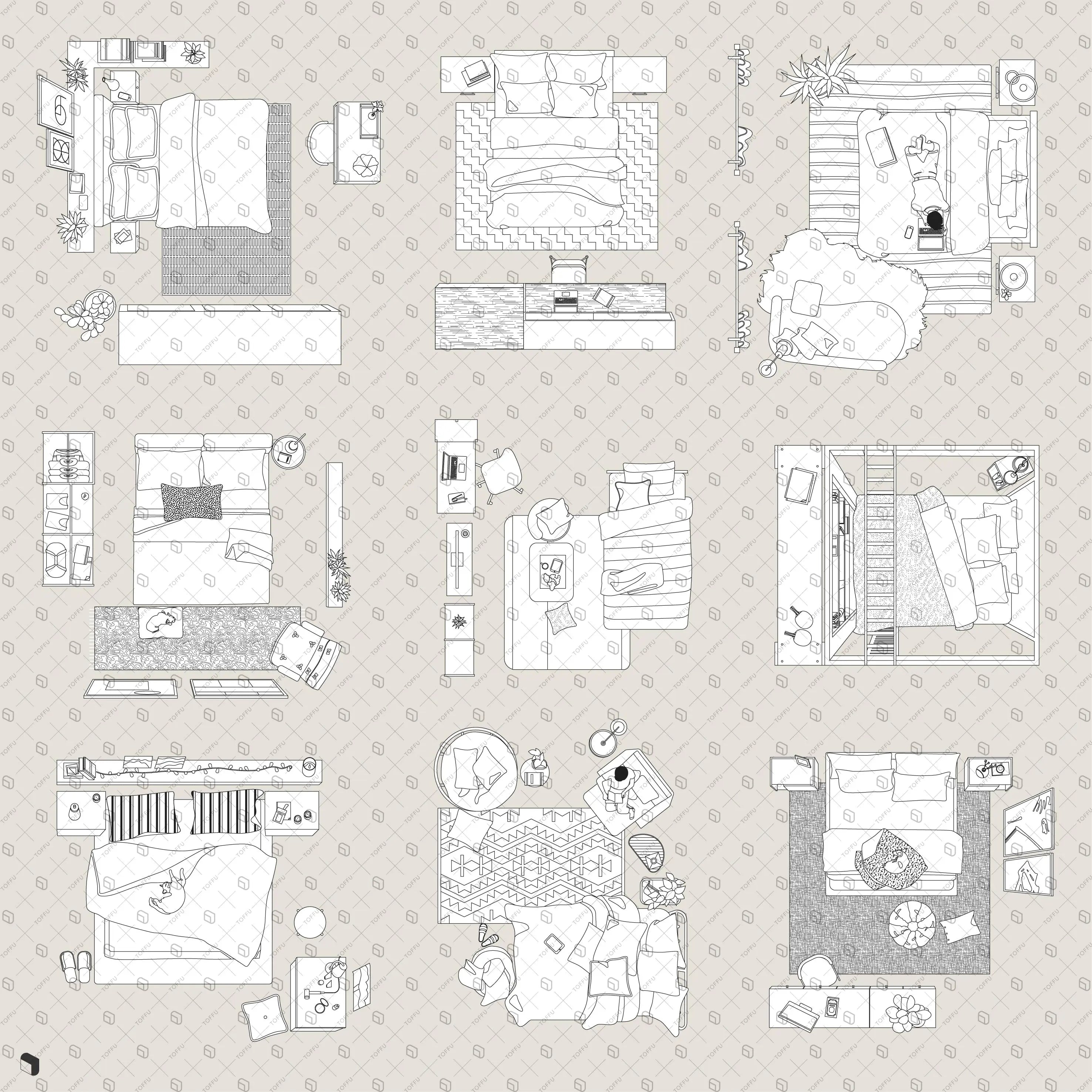 Flat Vector Bedroom Furniture Top View Digital Artwork drawings | Toffu Co