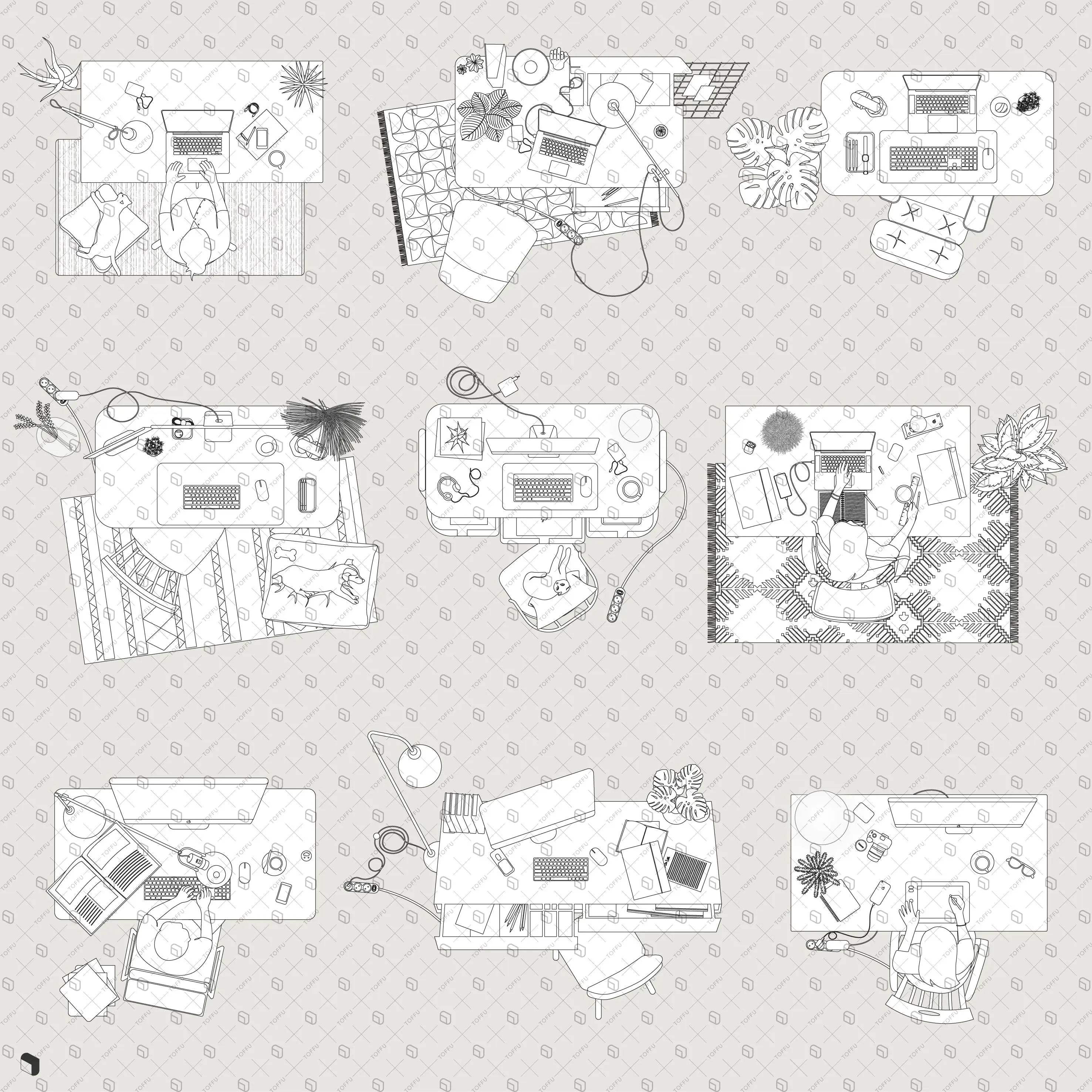 Flat Vector Home Office Furniture Top View Digital Artwork drawings | Toffu Co