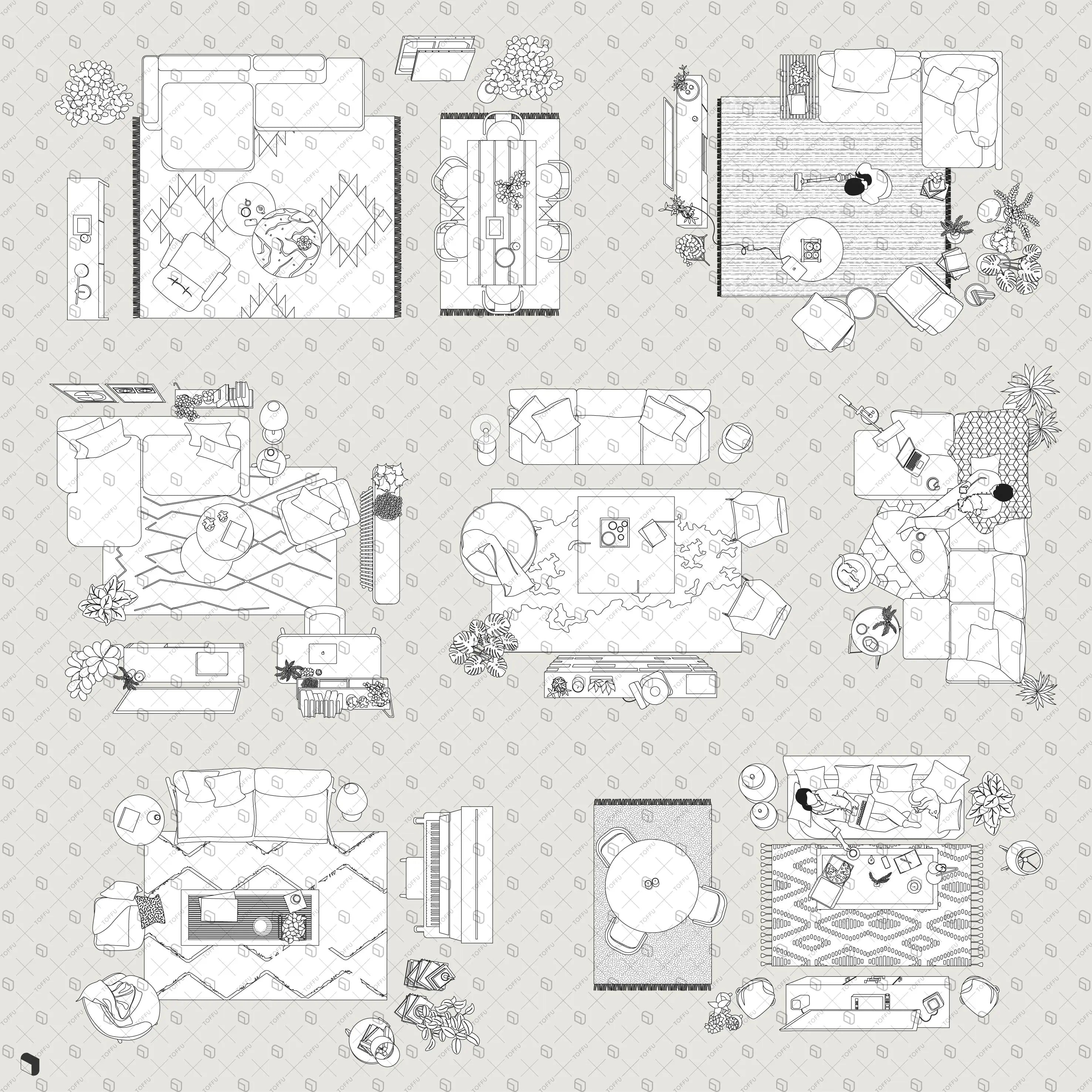 Flat Vector Living Room Furniture Top View Digital Artwork drawings | Toffu Co