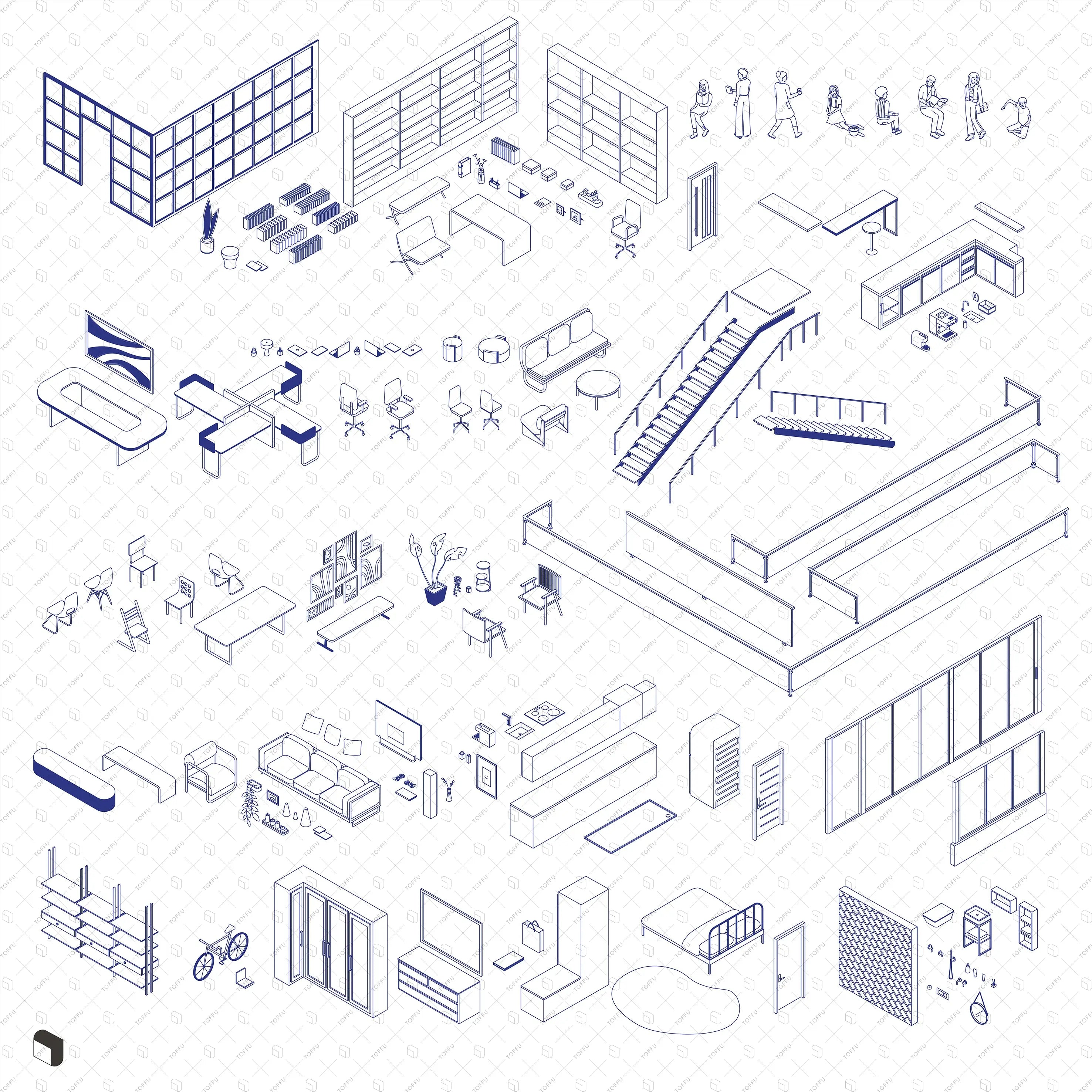 Axonometric Cad Apartment Block First Floor Digital Artwork drawings | Toffu Co