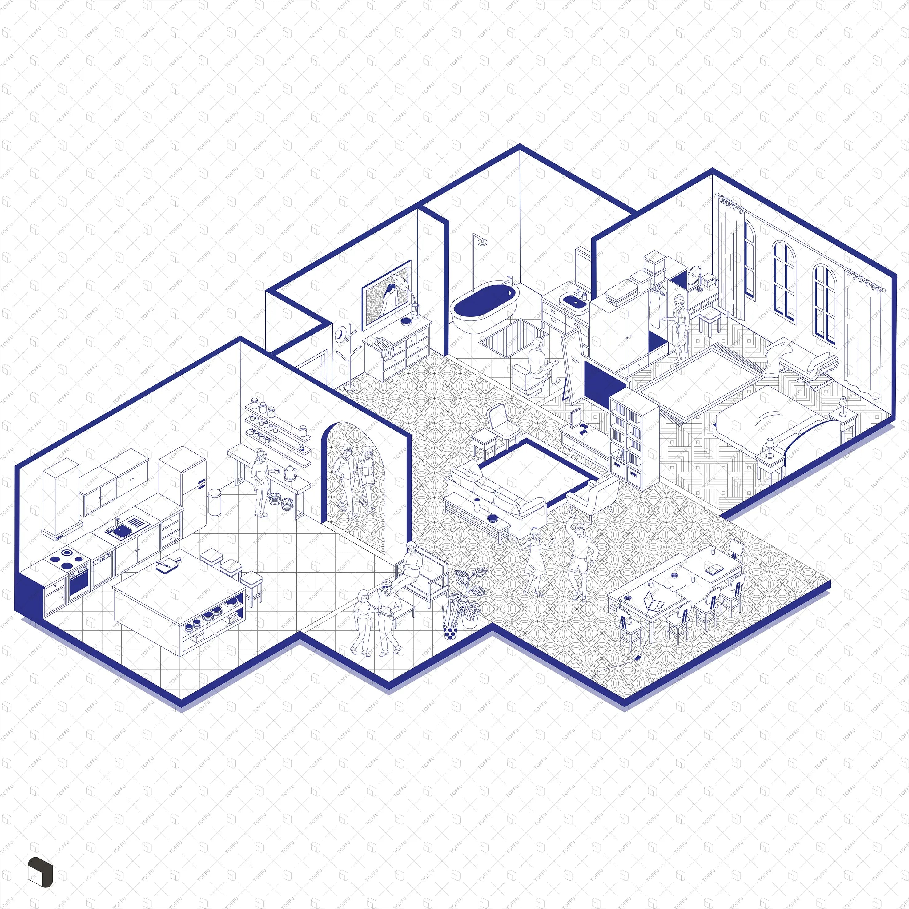 Axonometric Cad Home Furniture Digital Artwork drawings | Toffu Co