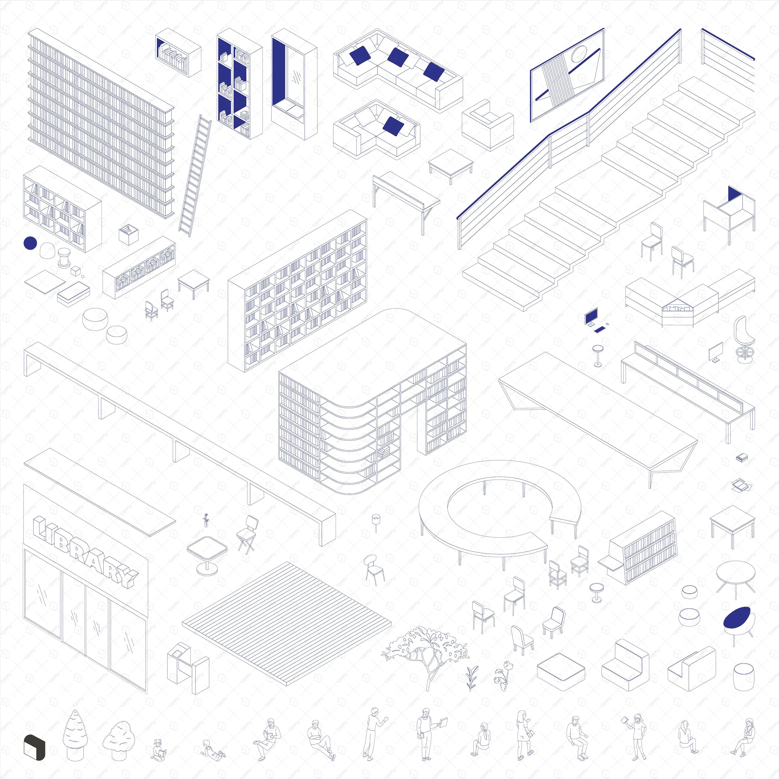 Axonometric Cad Library Furniture Digital Artwork drawings | Toffu Co