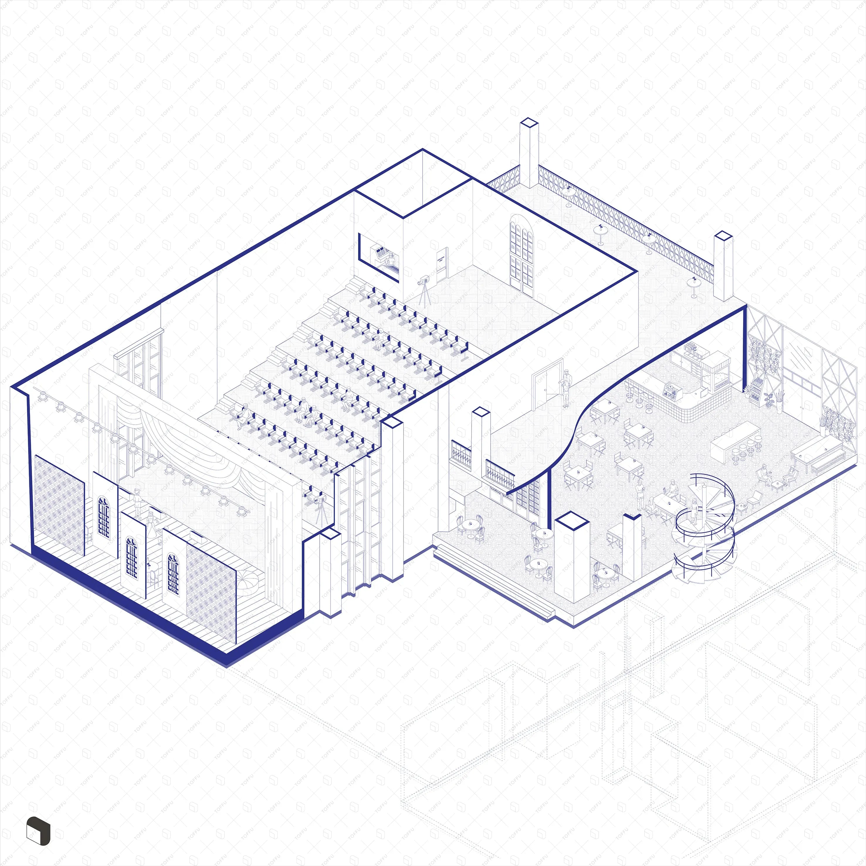 Axonometric Cad Performance & Cafe Furniture Digital Artwork drawings | Toffu Co