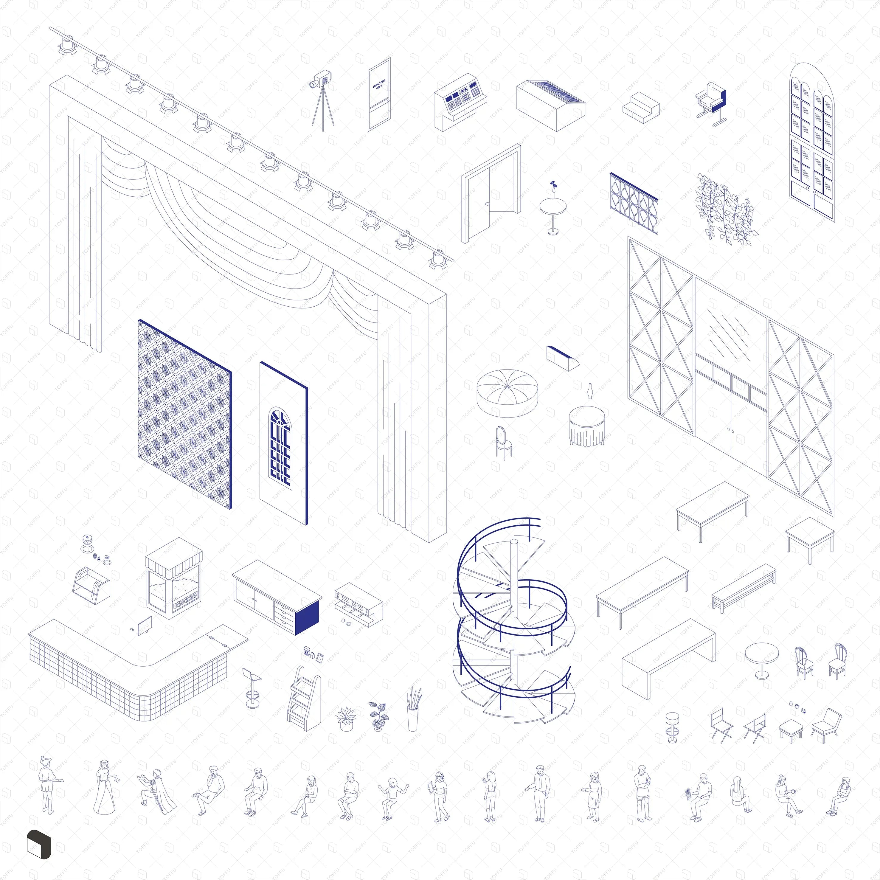 Axonometric Cad Performance & Cafe Furniture Digital Artwork drawings | Toffu Co