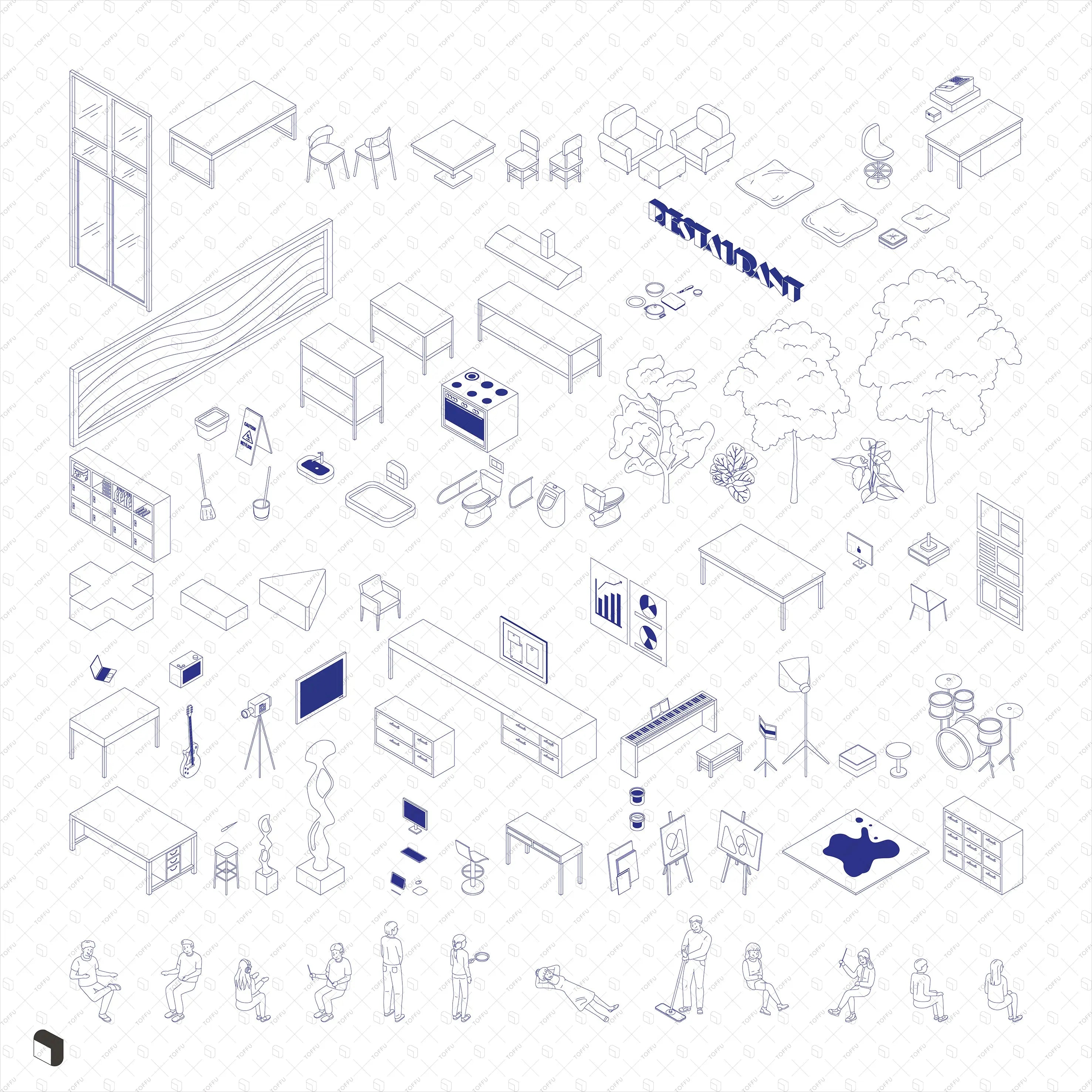 Axonometric Cad Workshops & Multipurpose Hall Furniture Digital Artwork drawings | Toffu Co