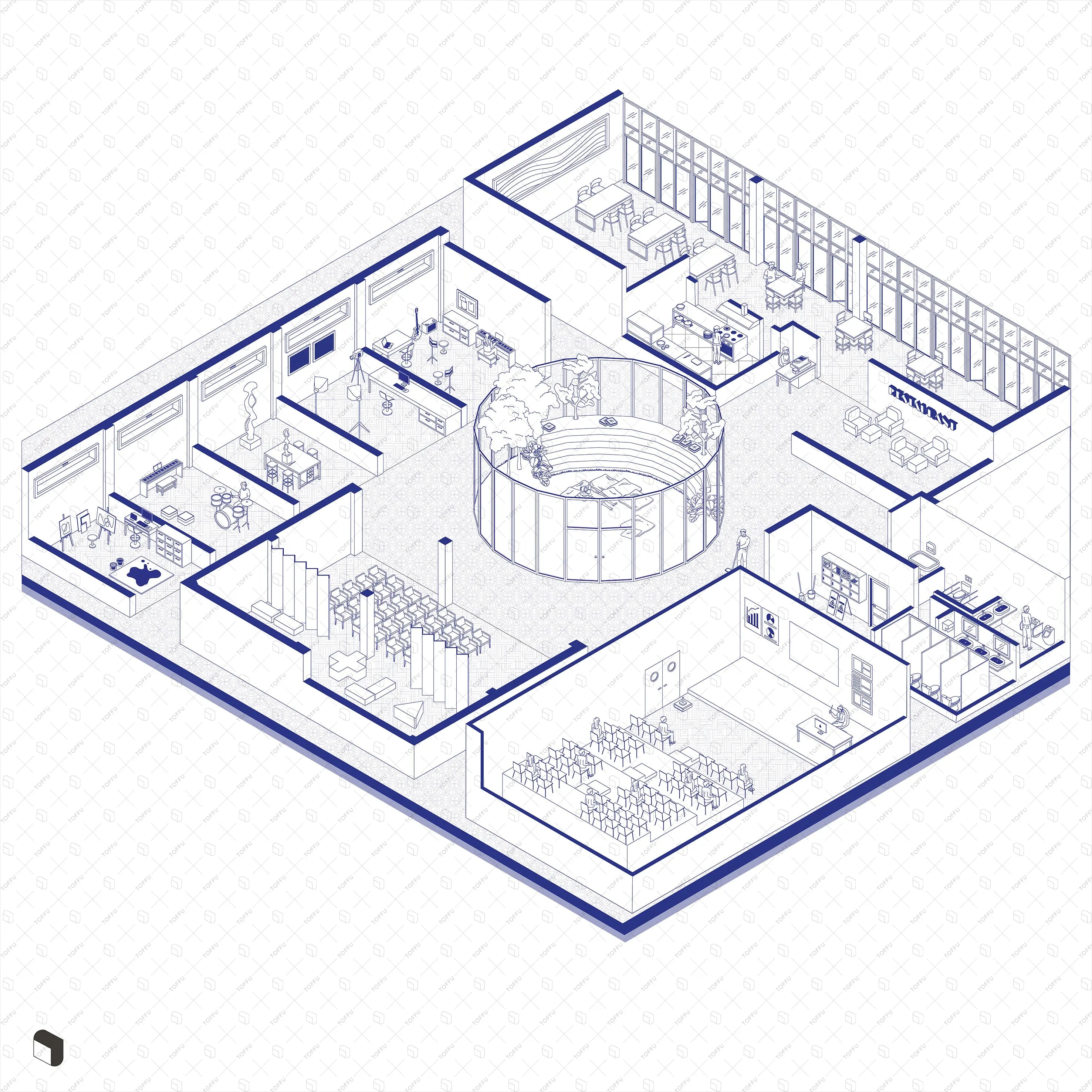 Axonometric Cad Workshops & Multipurpose Hall Furniture Digital Artwork drawings | Toffu Co