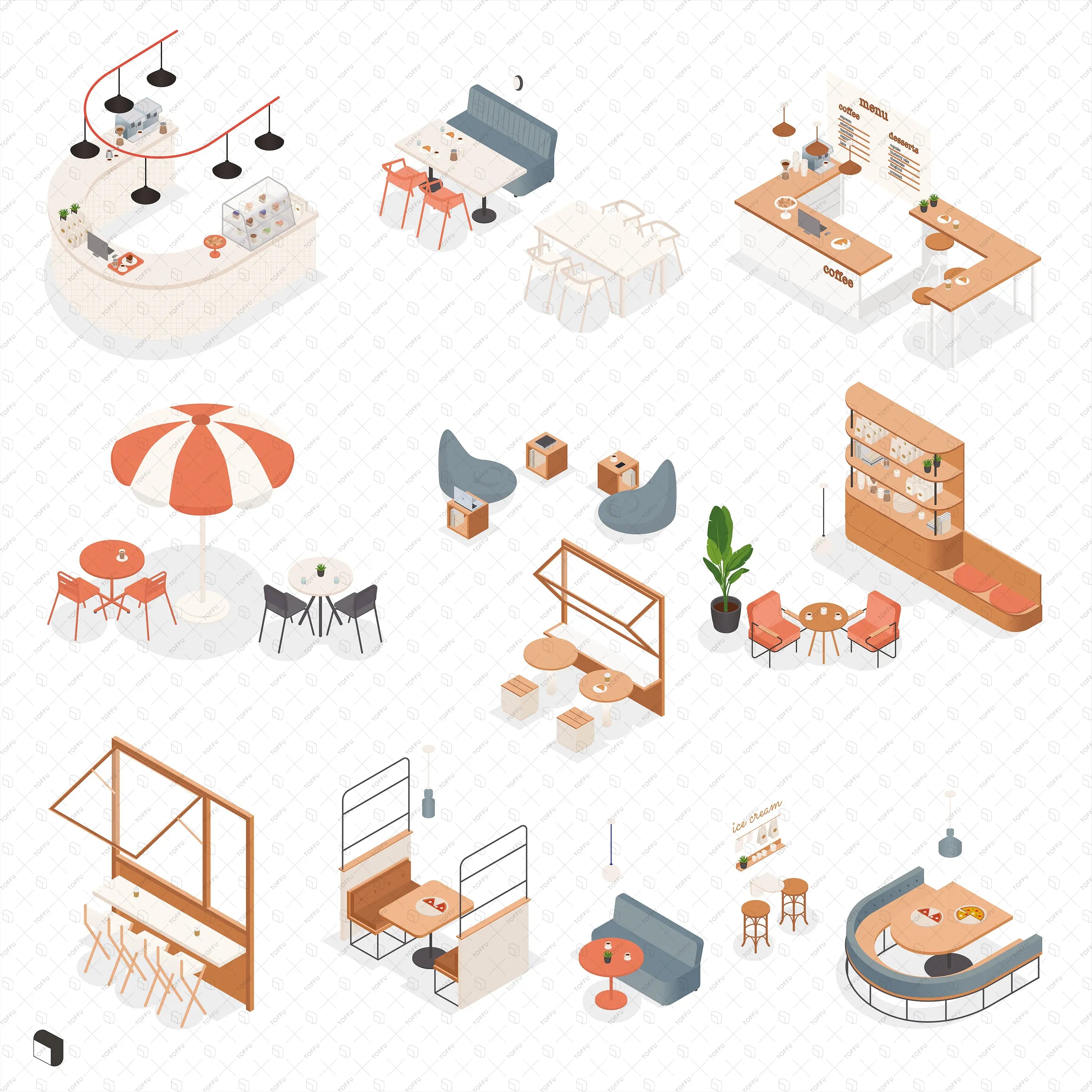 Axonometric Cafe Furniture Digital Artwork drawings | Toffu Co