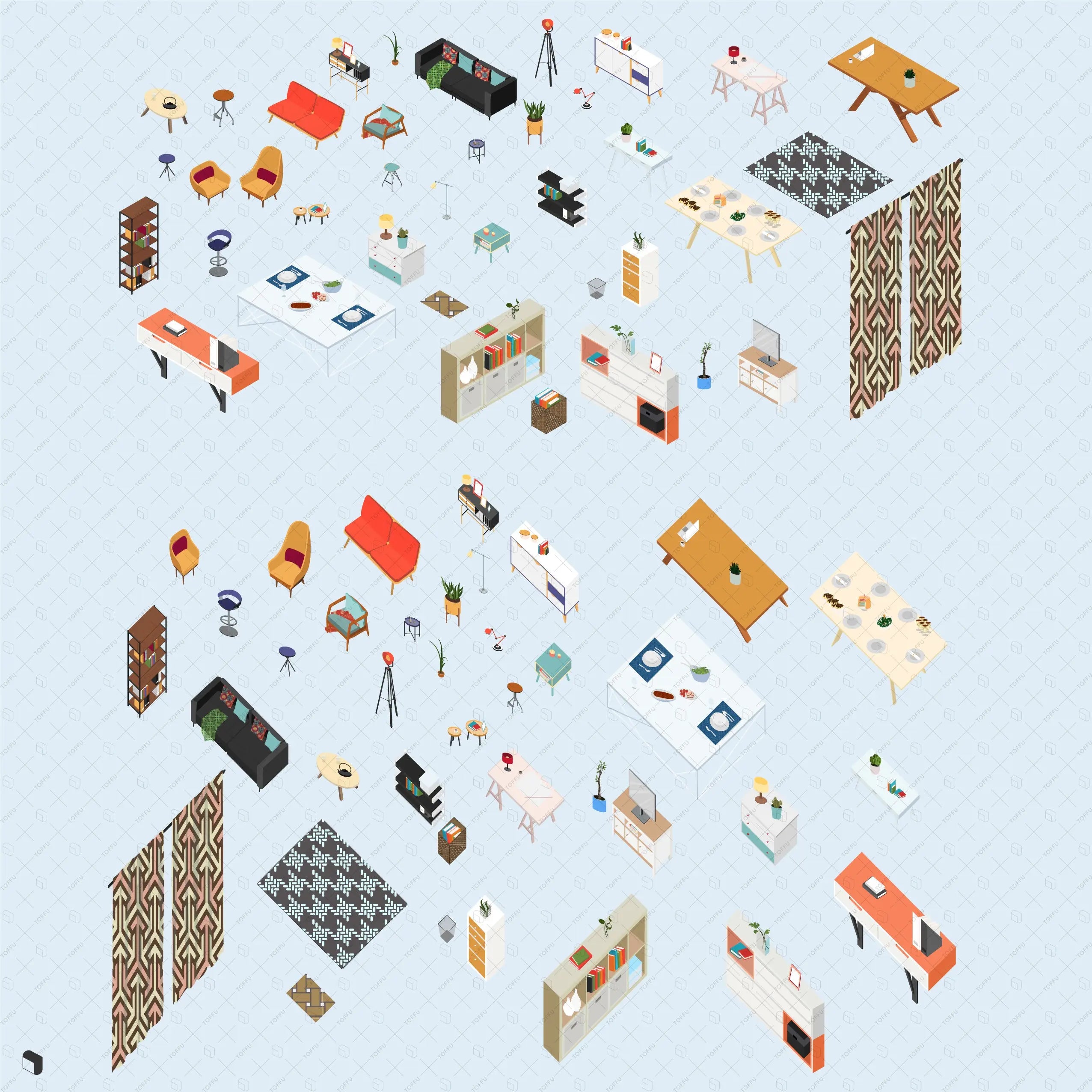 Axonometric Living Room Furniture Digital Artwork drawings | Toffu Co