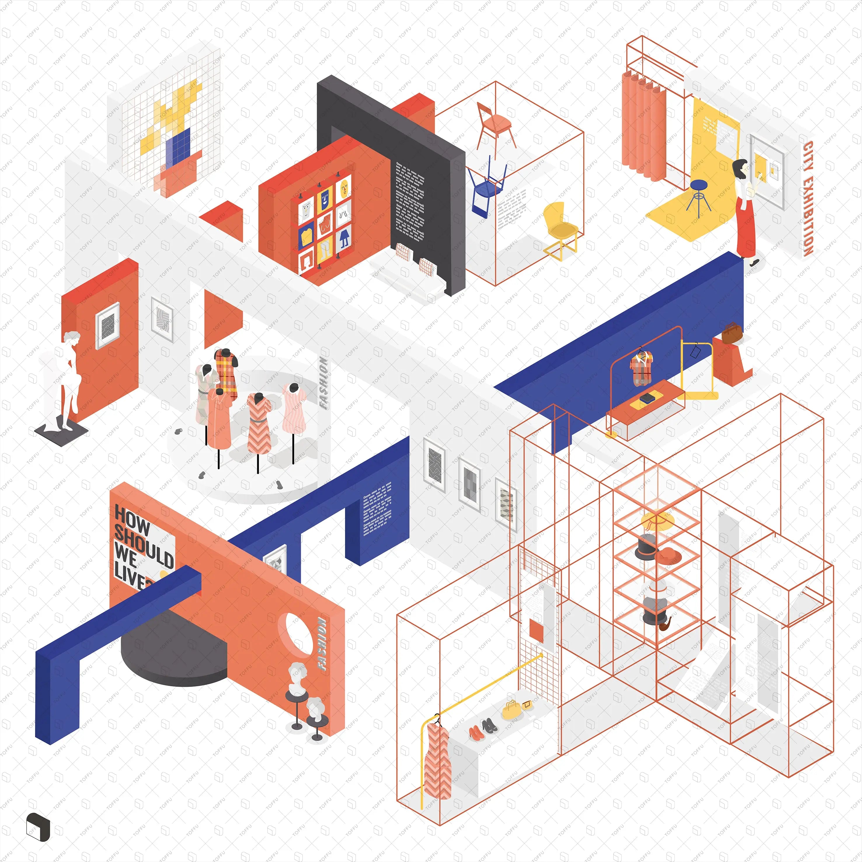 Axonometric Exhibition Furniture 2 Digital Artwork drawings | Toffu Co