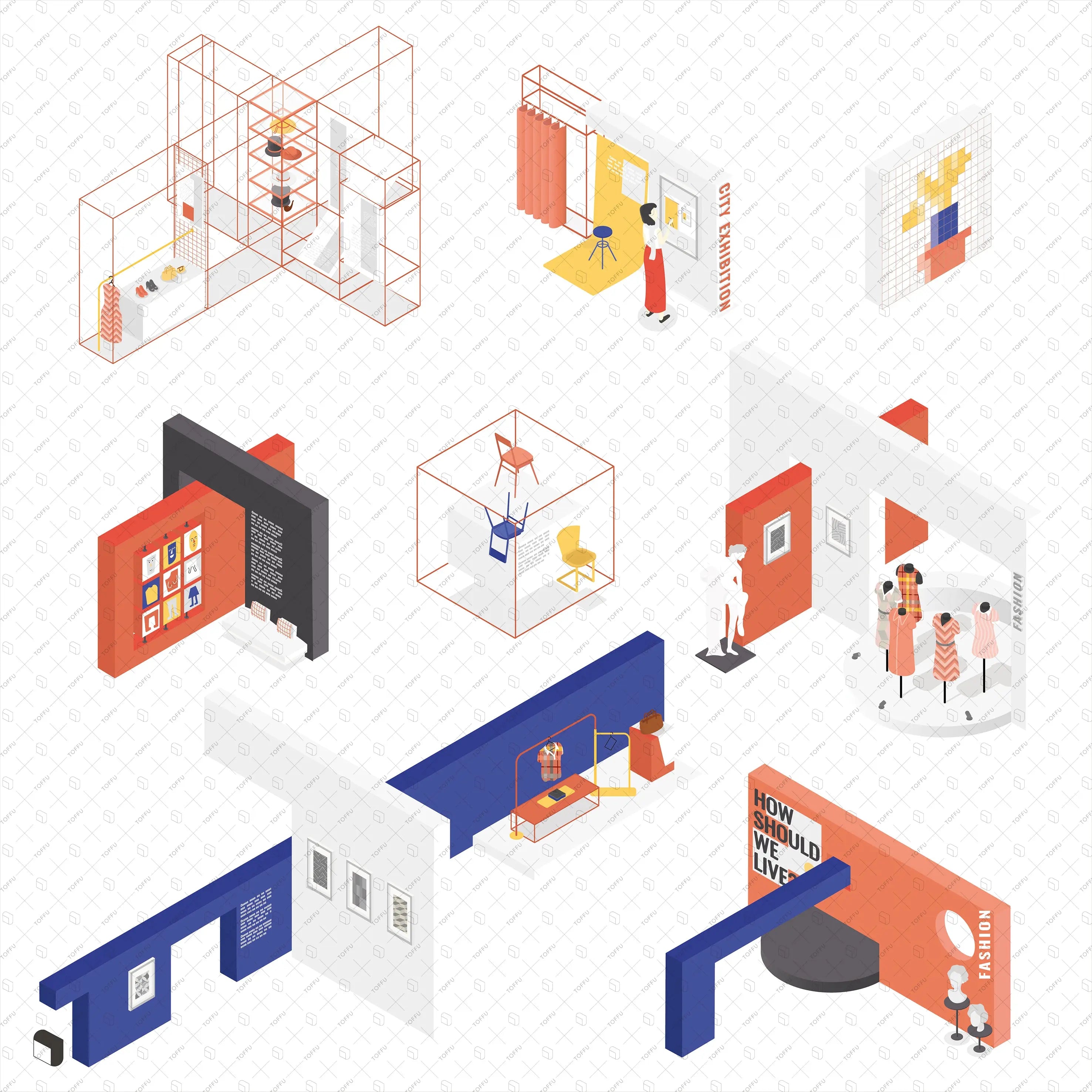Axonometric Exhibition Furniture 2 Digital Artwork drawings | Toffu Co