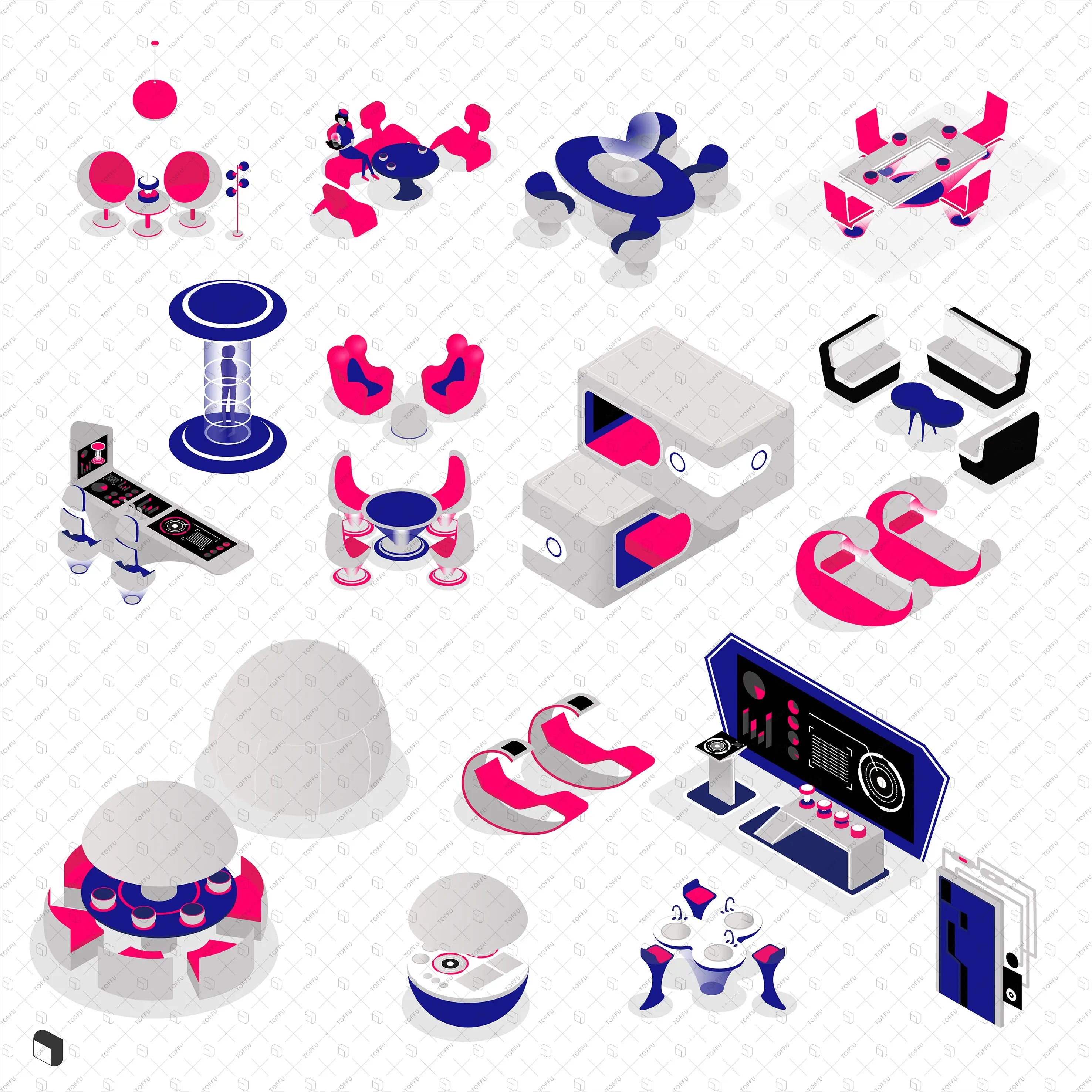 Axonometric Futuristic Furniture Digital Artwork drawings | Toffu Co