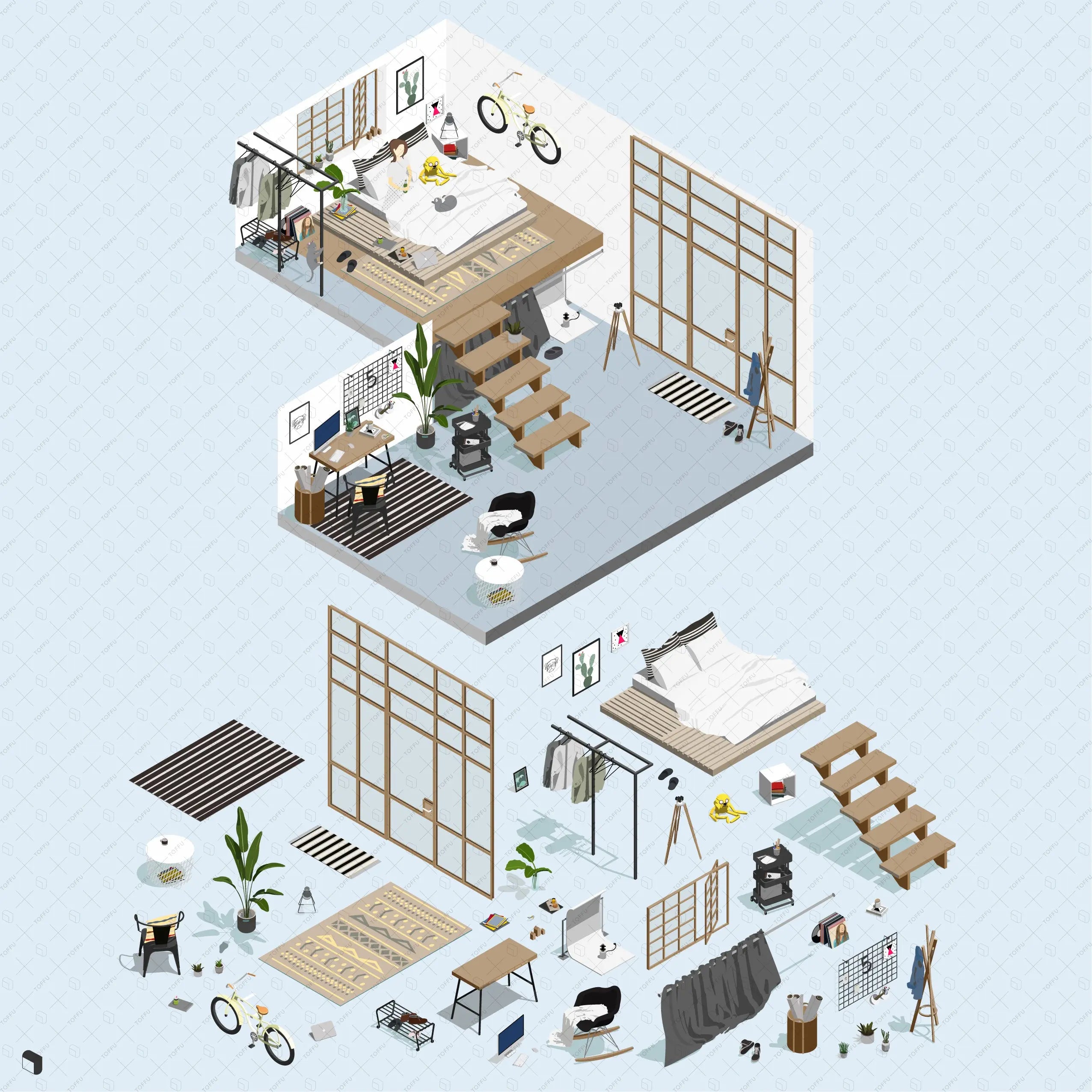 Axonometric Home Office Furniture Digital Artwork drawings | Toffu Co
