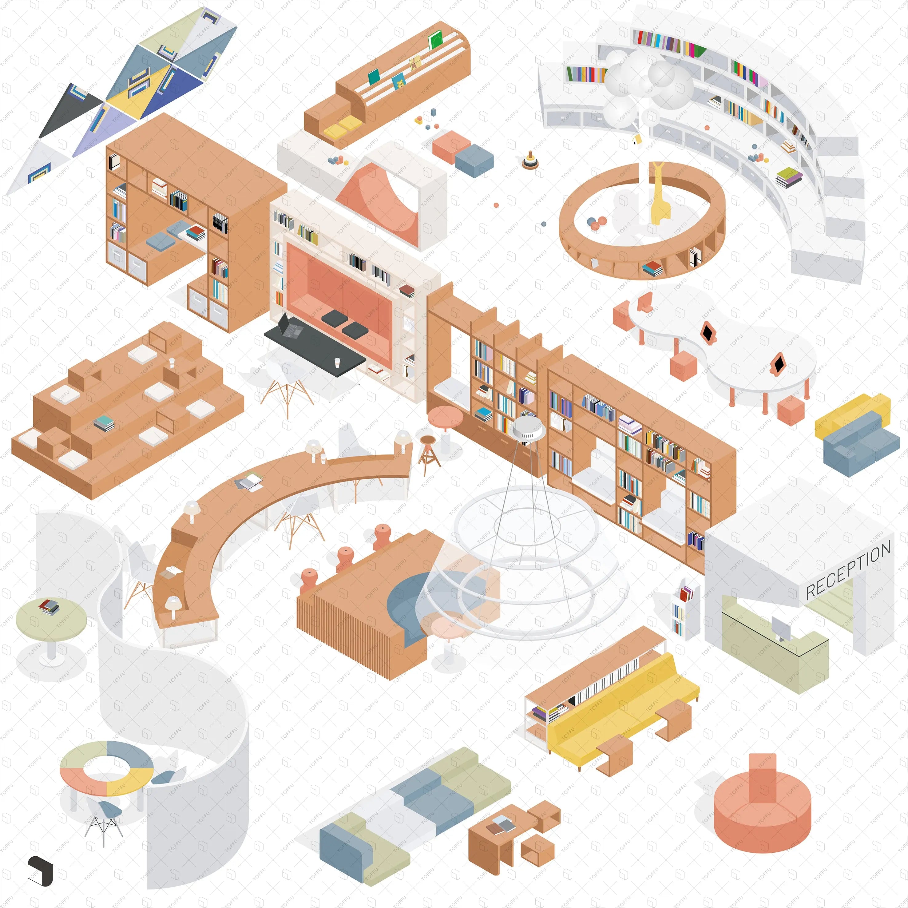Axonometric Library Furniture 2 Digital Artwork drawings | Toffu Co