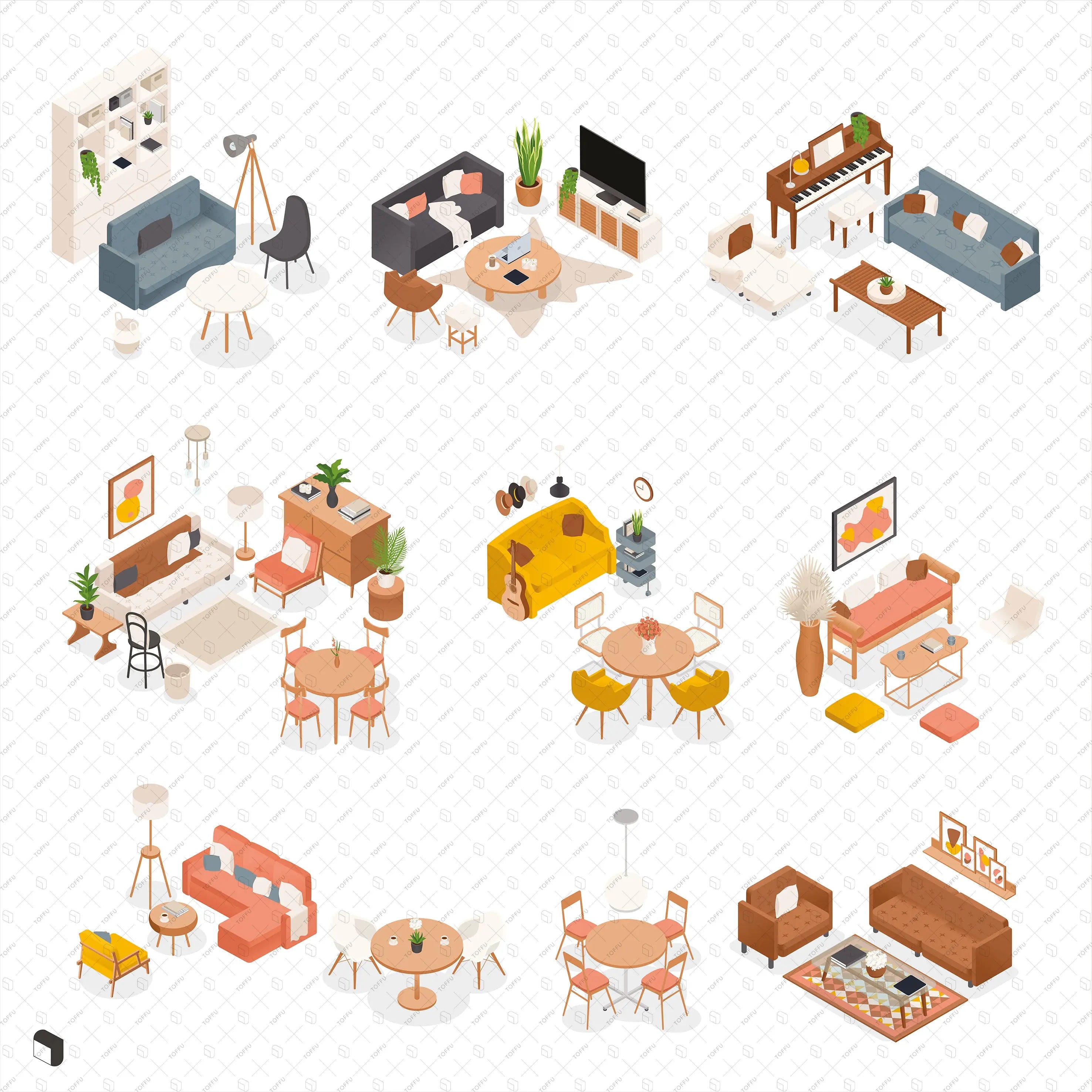 Axonometric Living Room Furniture Digital Artwork drawings | Toffu Co