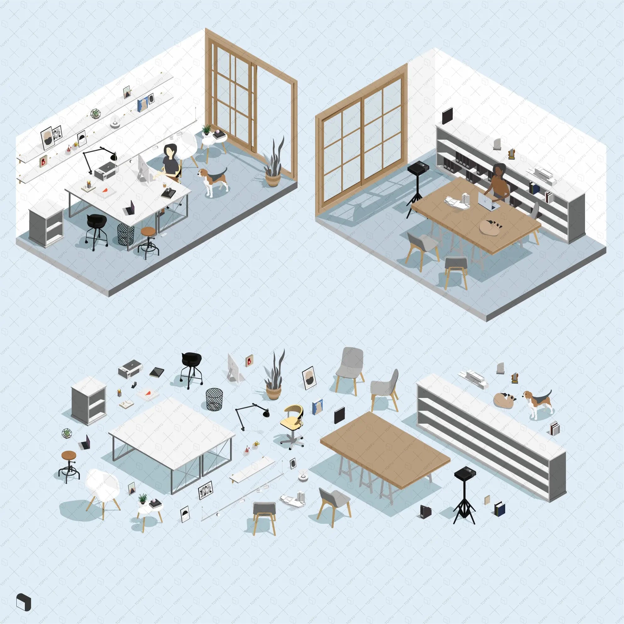Axonometric Office Furniture Digital Artwork drawings | Toffu Co